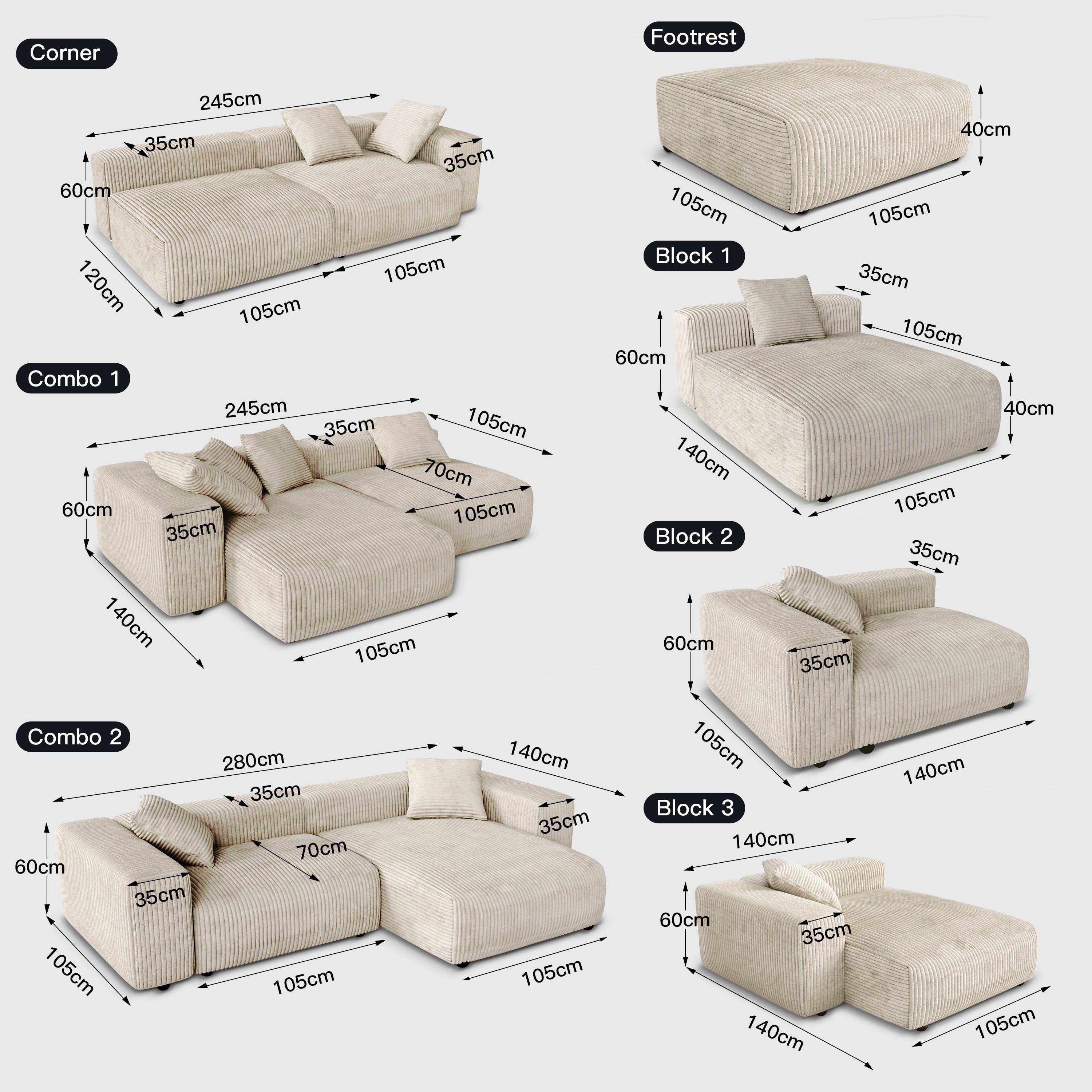 Corduroy Modular Wide Seat Chaise Sofa Block