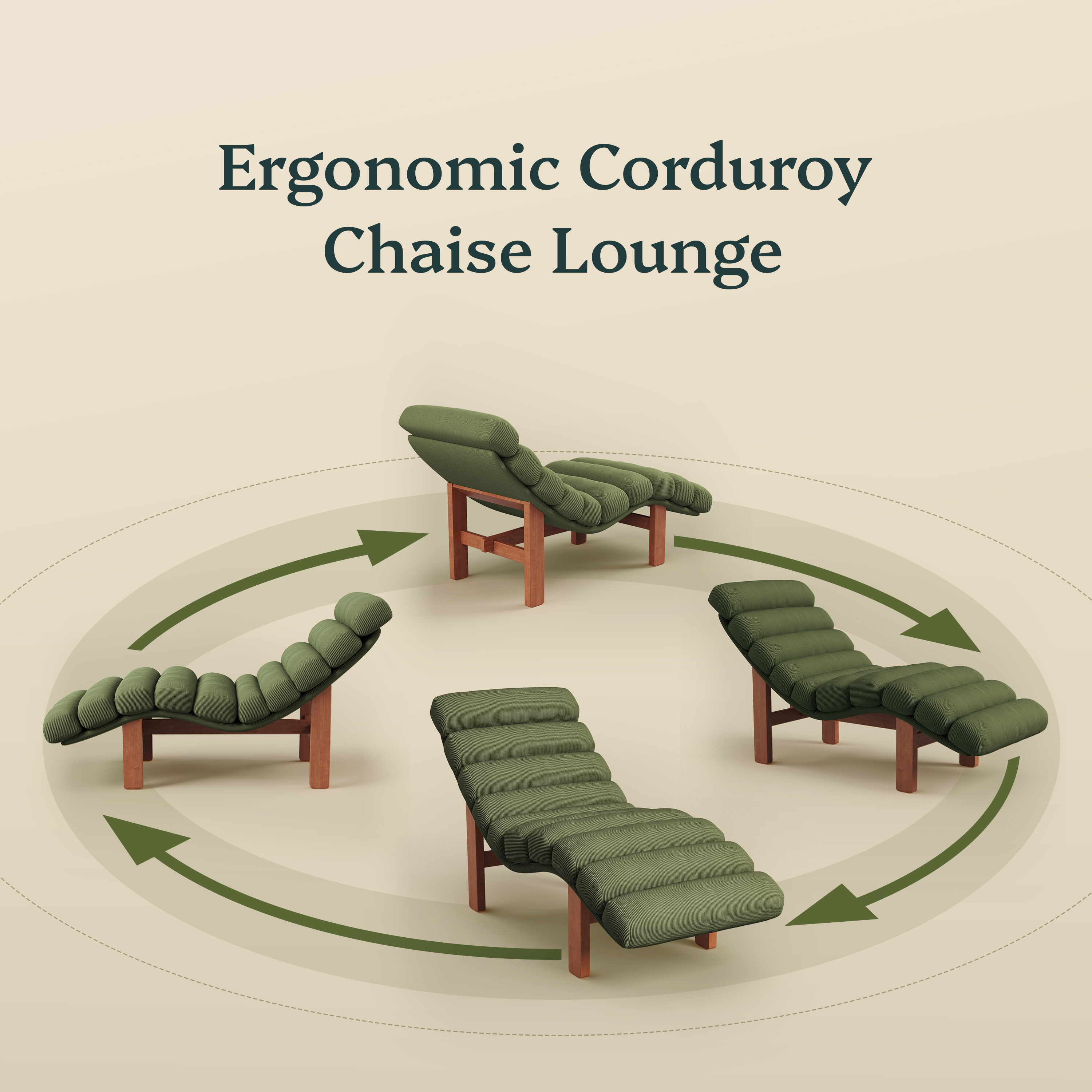 Modern Ergonomic Corduroy Chaise Lounge with Natural Wooden Frame
