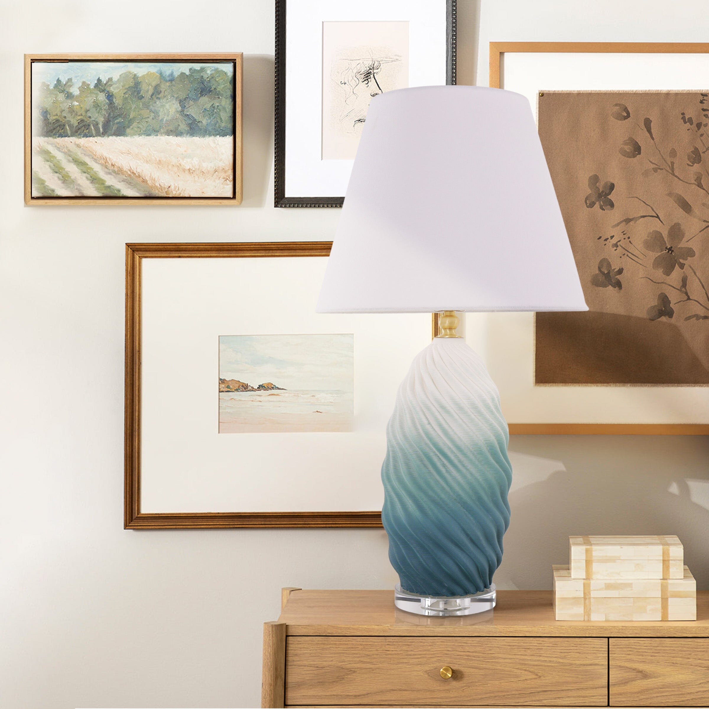 Lightsin 3D Blue Green White Gradient Threaded Ceramic Table Lamp with Fabric Shade Lightsin UK