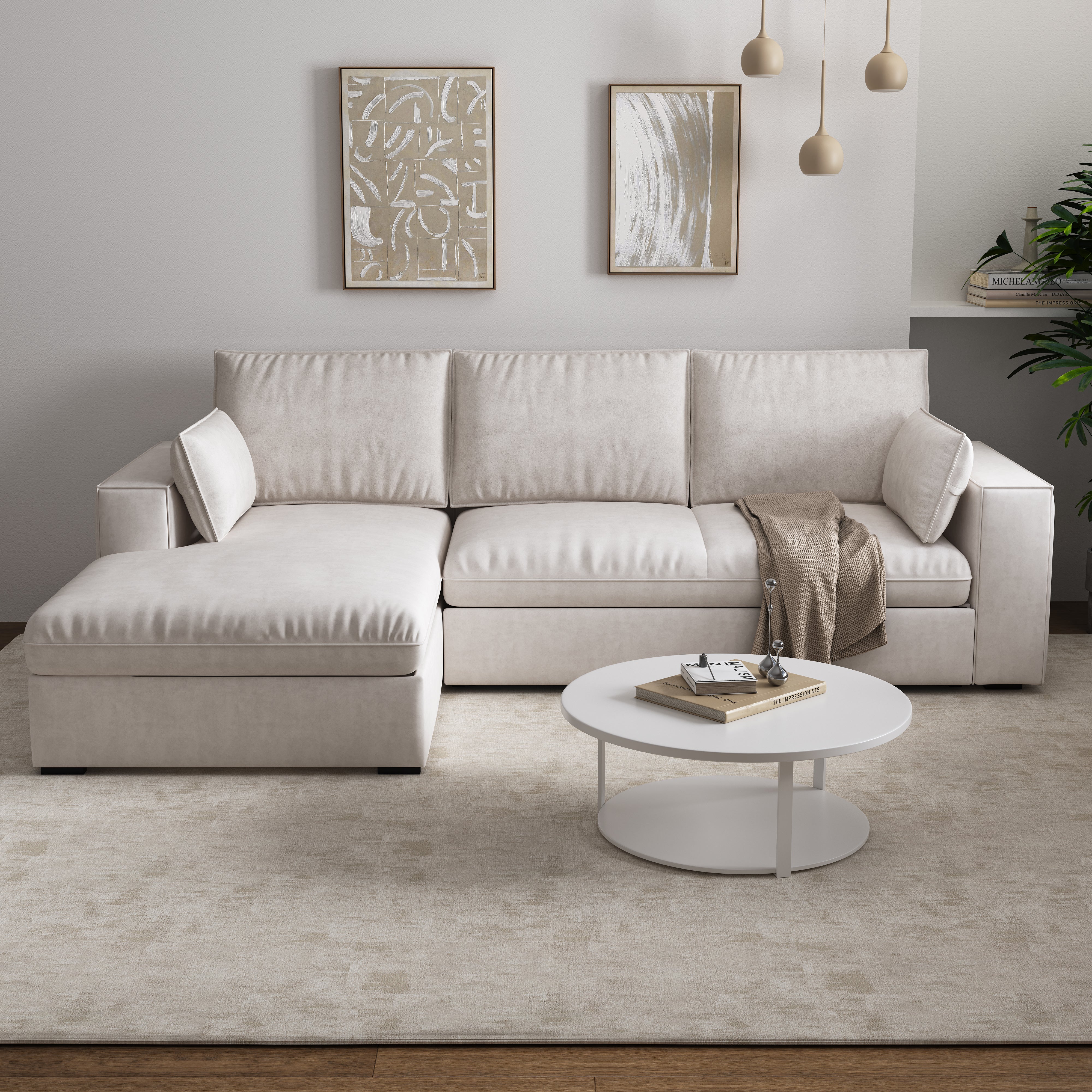 Cottonfy Creamy Tofu Block Pull Out Sofa Bed with Storage Guest Sleeper