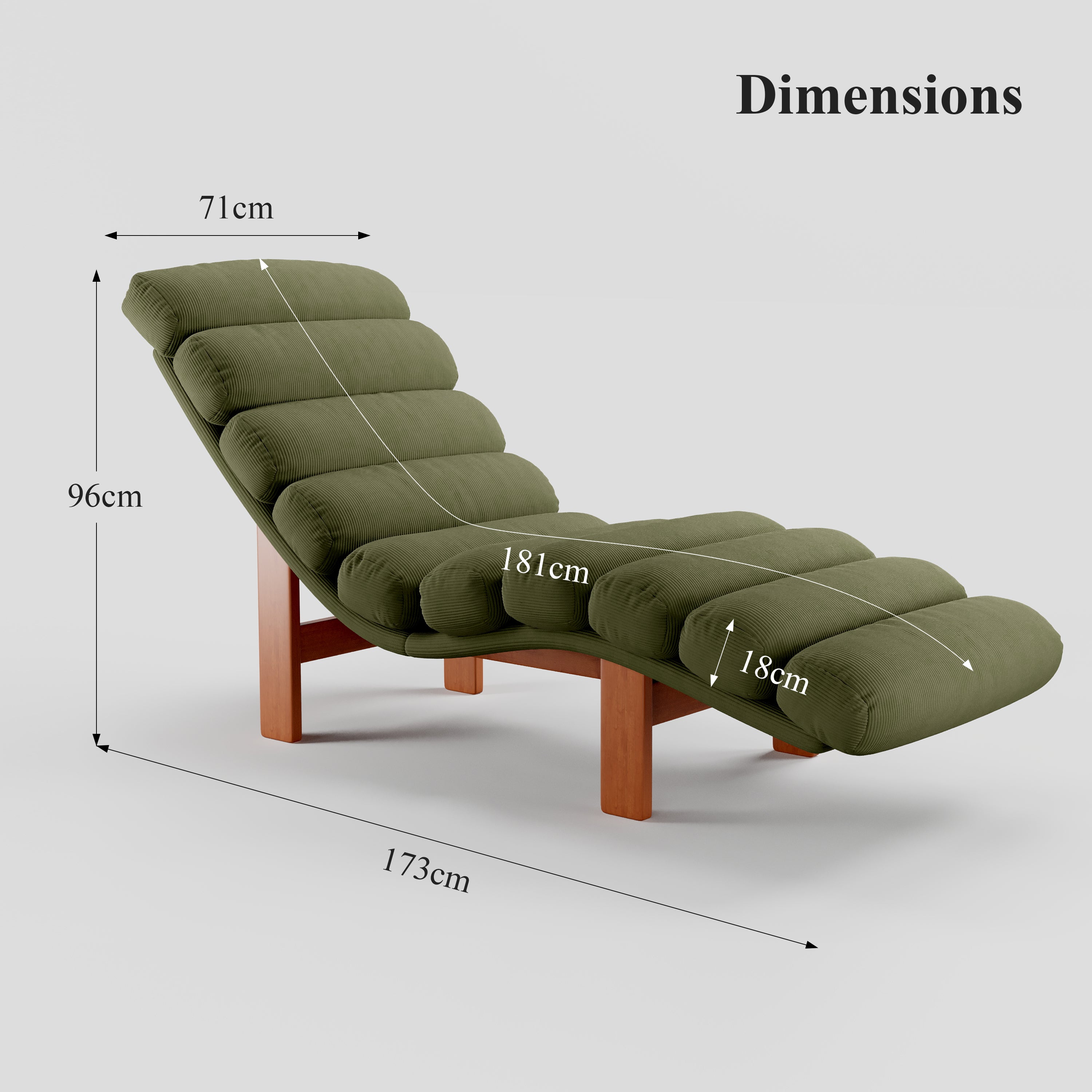 Modern Ergonomic Corduroy Chaise Lounge with Natural Wooden Frame