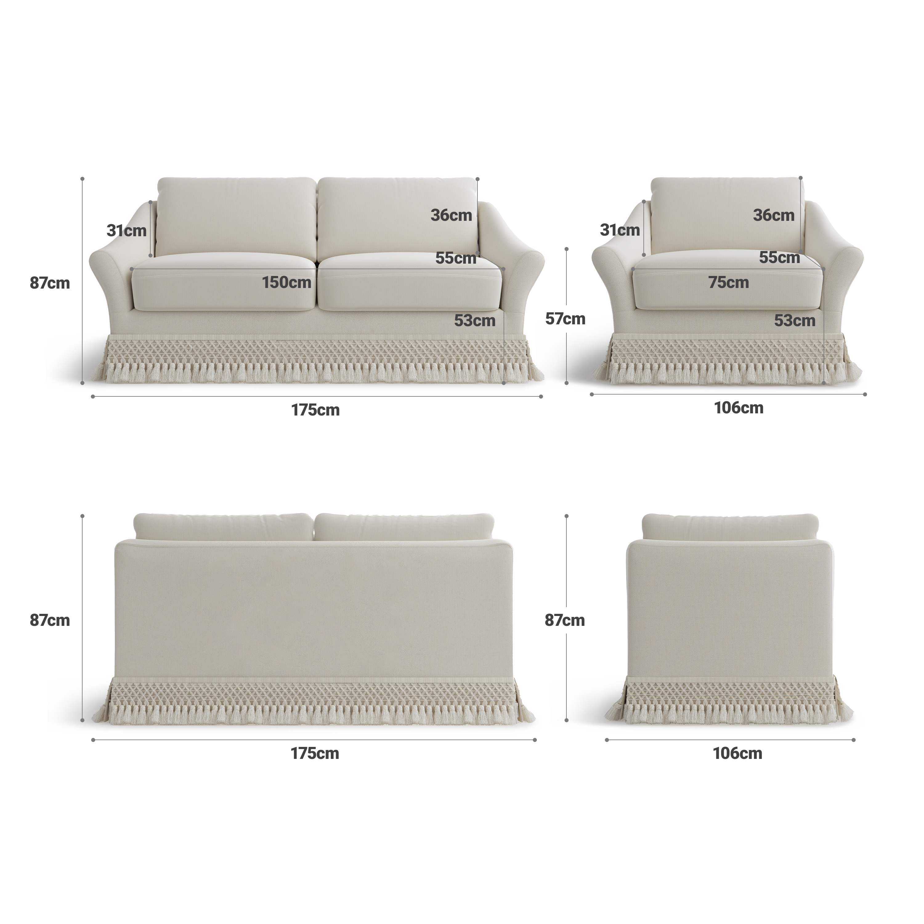 Curved Arm Sofa with Fringed Trim and Removable Cover