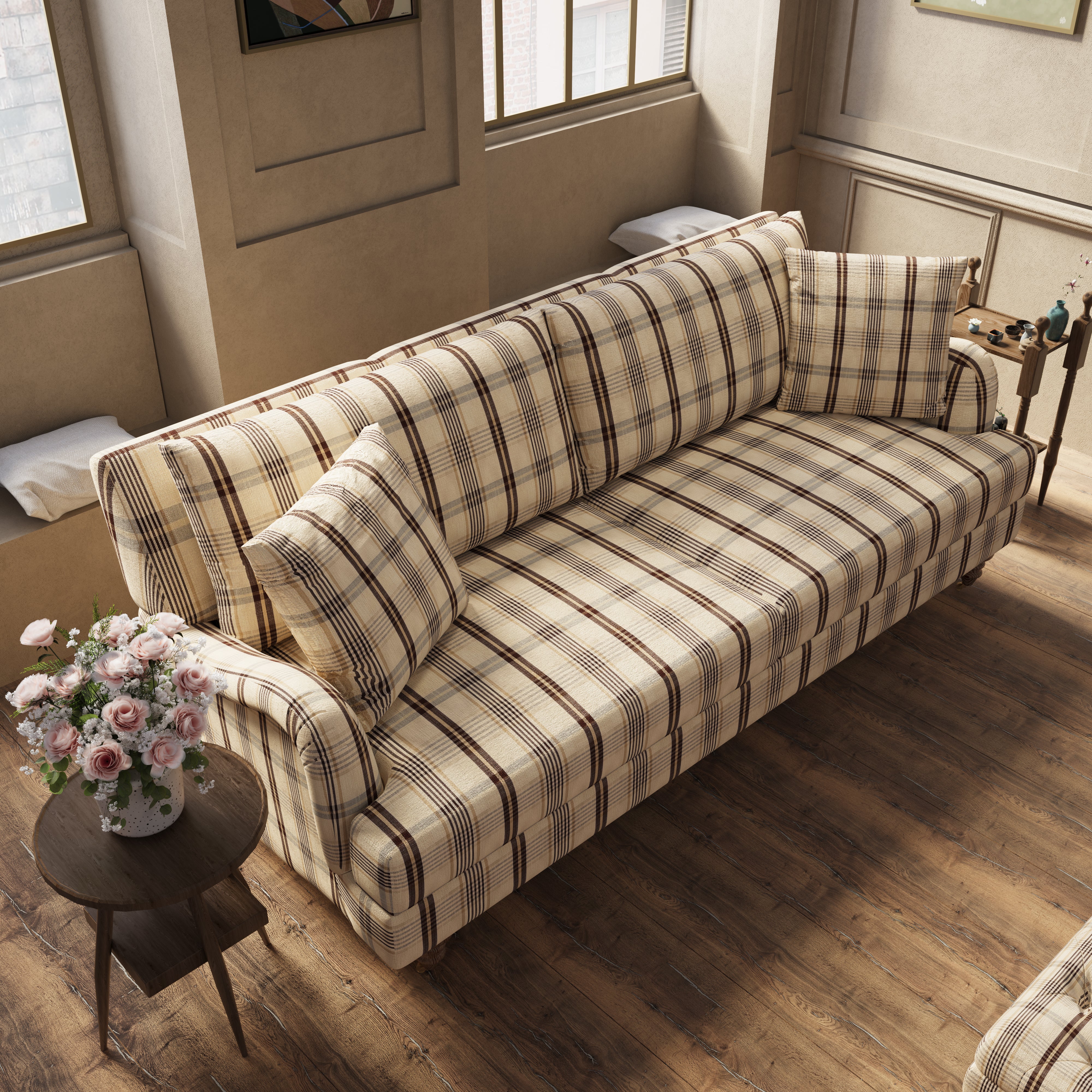 Cottonfy Vintage Check Country Sofa with Tufted Ottoman