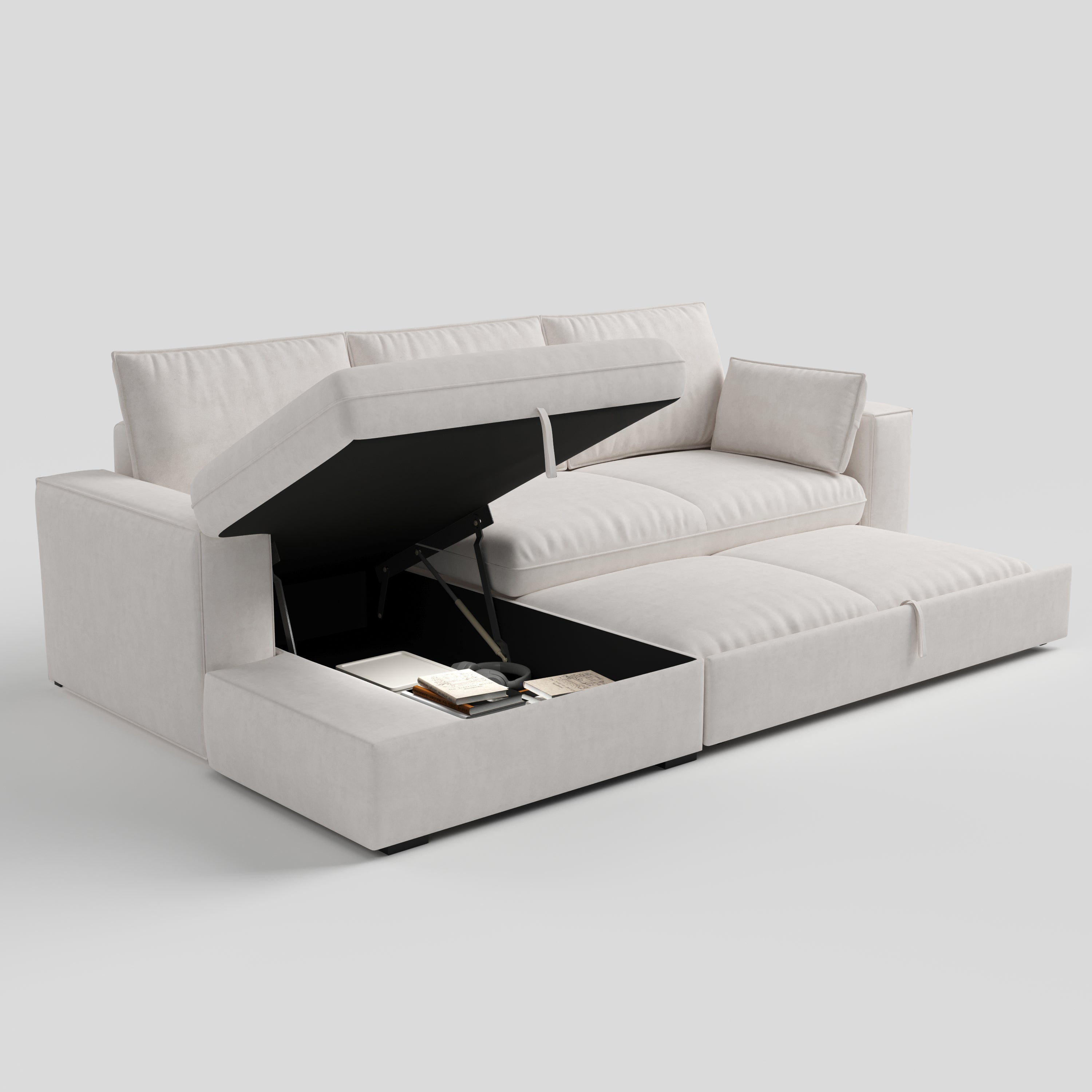 Cottonfy Creamy Tofu Block Pull Out Sofa Bed with Storage Guest Sleeper