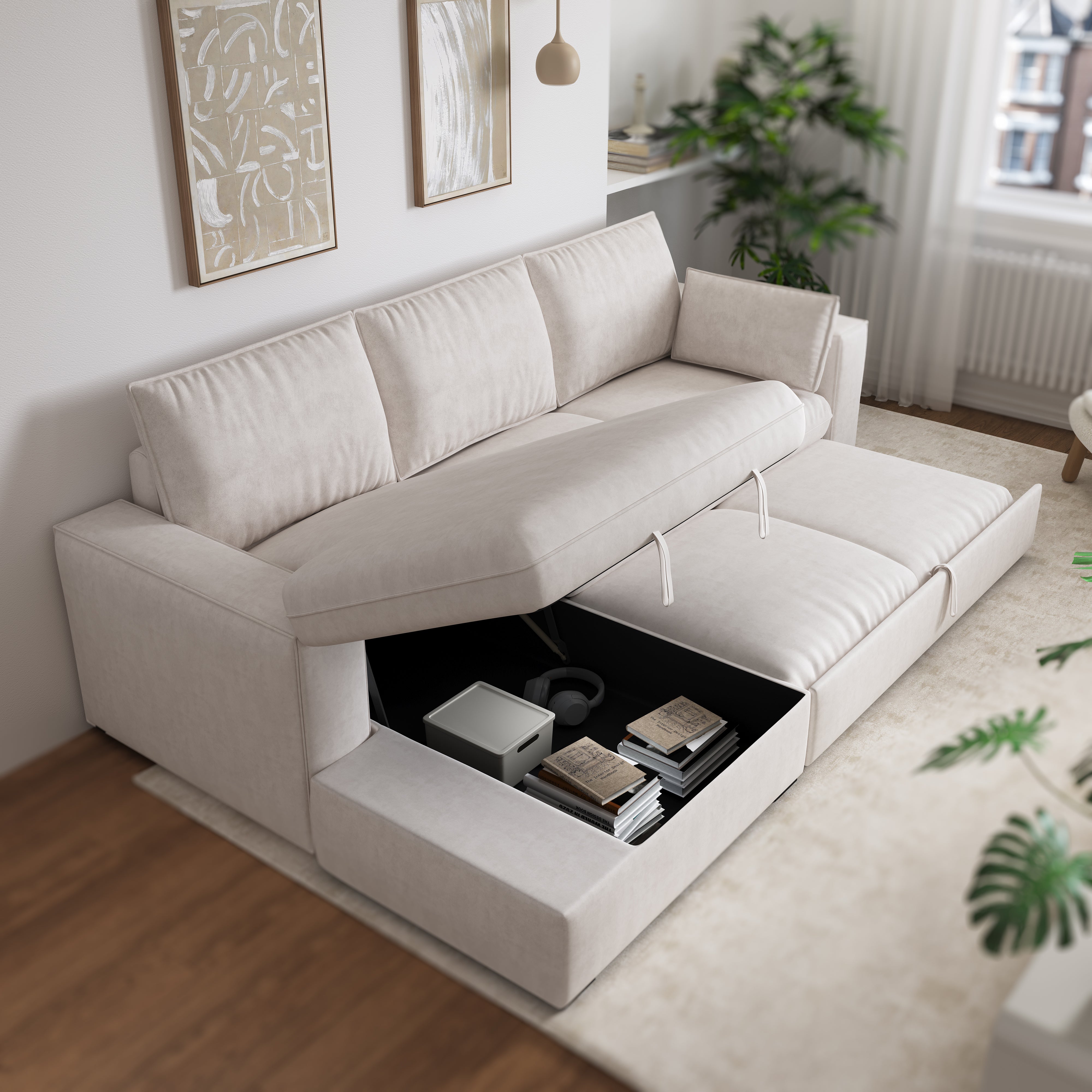 Cottonfy Creamy Tofu Block Pull Out Sofa Bed with Storage Guest Sleeper