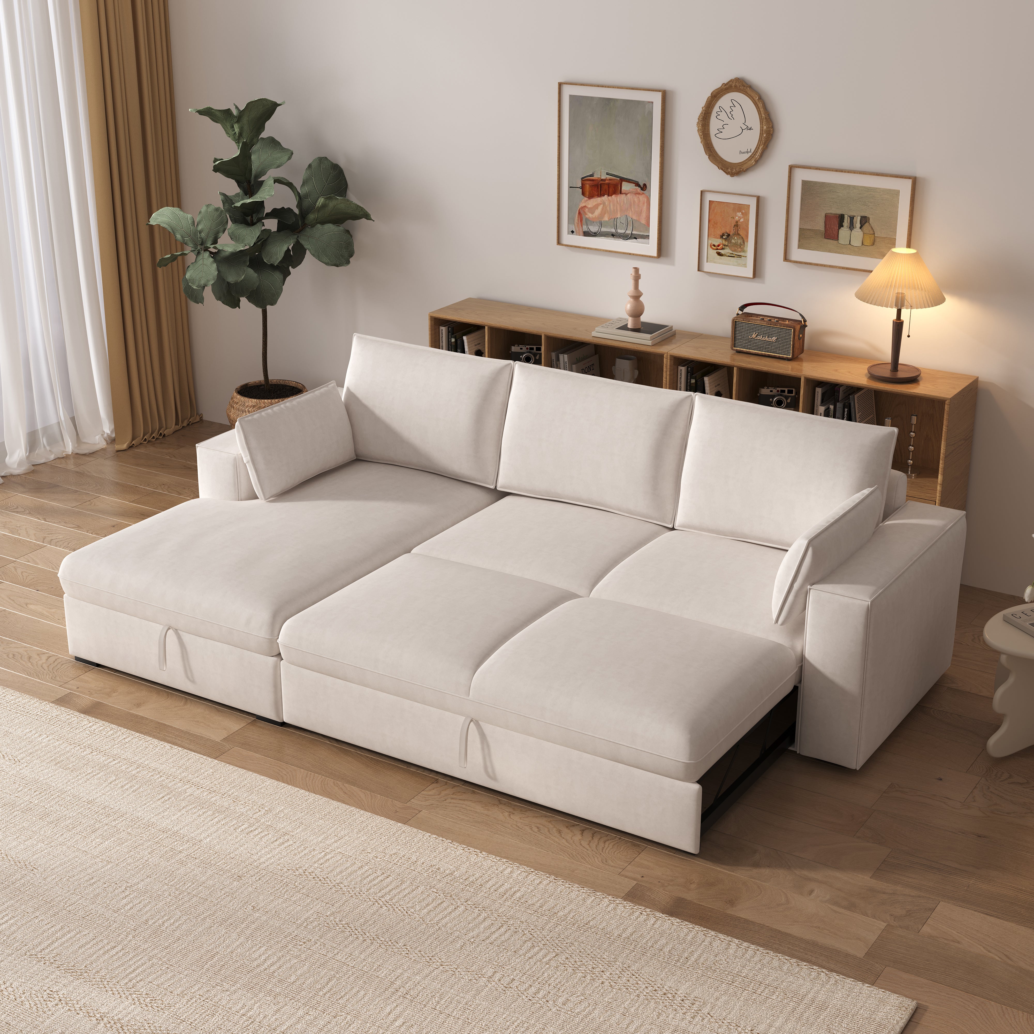 Cottonfy Creamy Tofu Block Pull Out Sofa Bed with Storage Guest Sleeper