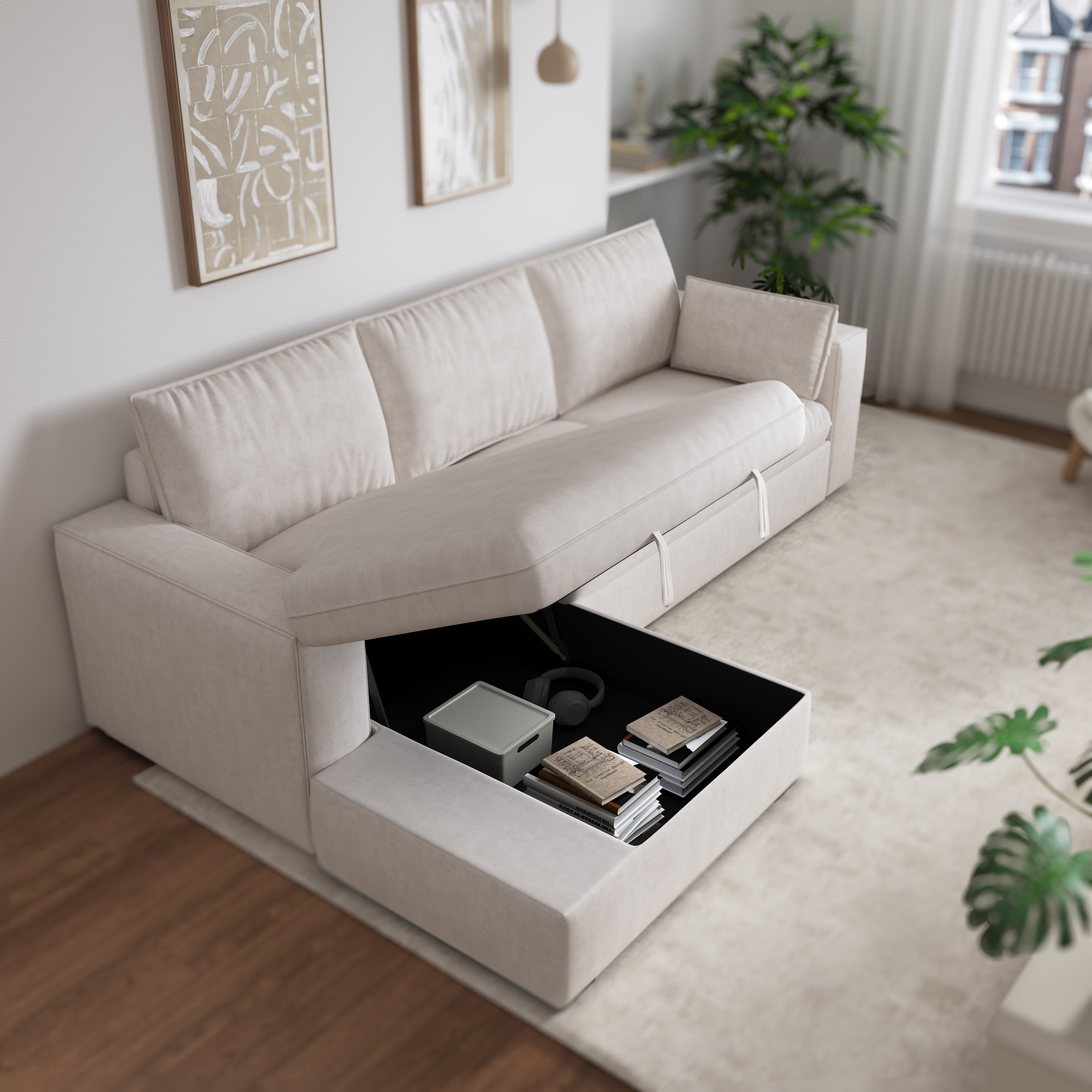 Cottonfy Creamy Tofu Block Pull Out Sofa Bed with Storage Guest Sleeper