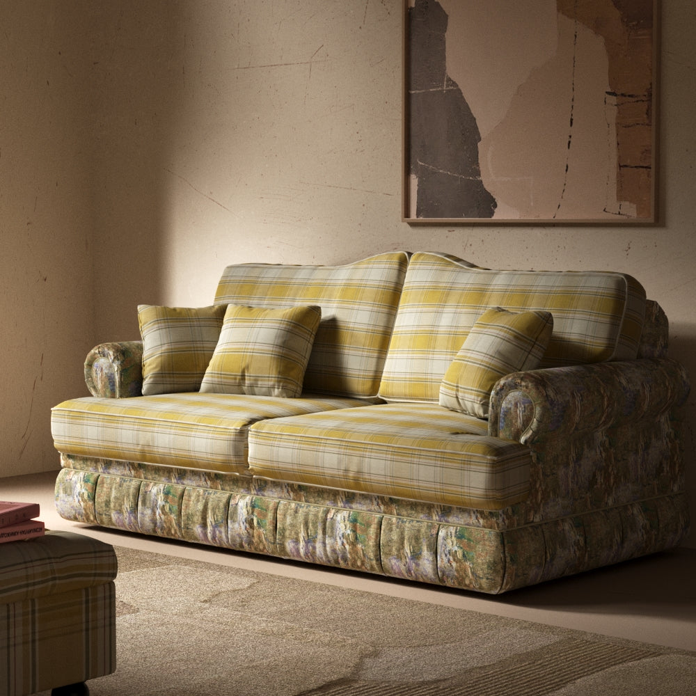 Cottonfy Heritage Plaid Skirted Sofa with Concealed Storage Drawers