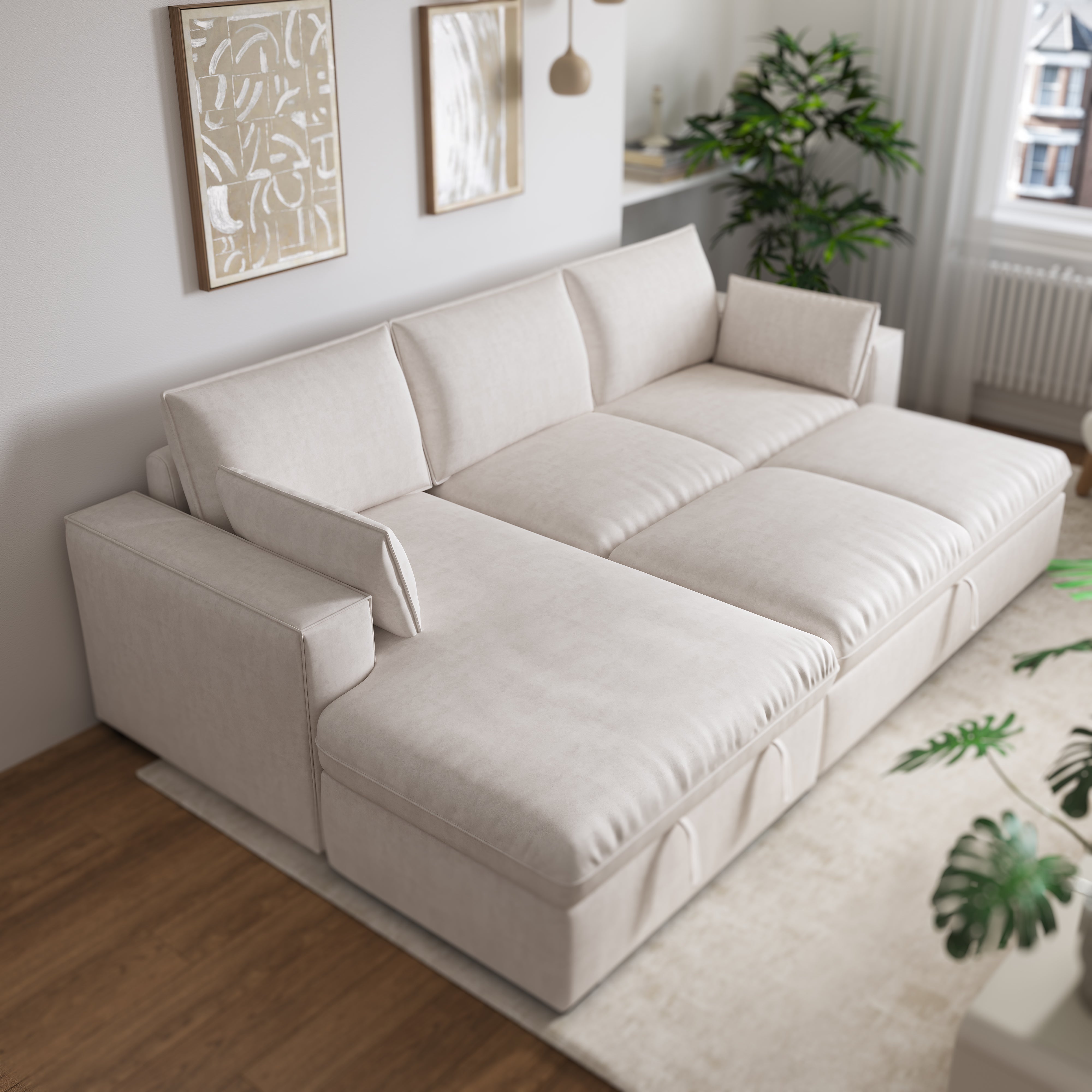Cottonfy Creamy Tofu Block Pull Out Sofa Bed with Storage Guest Sleeper