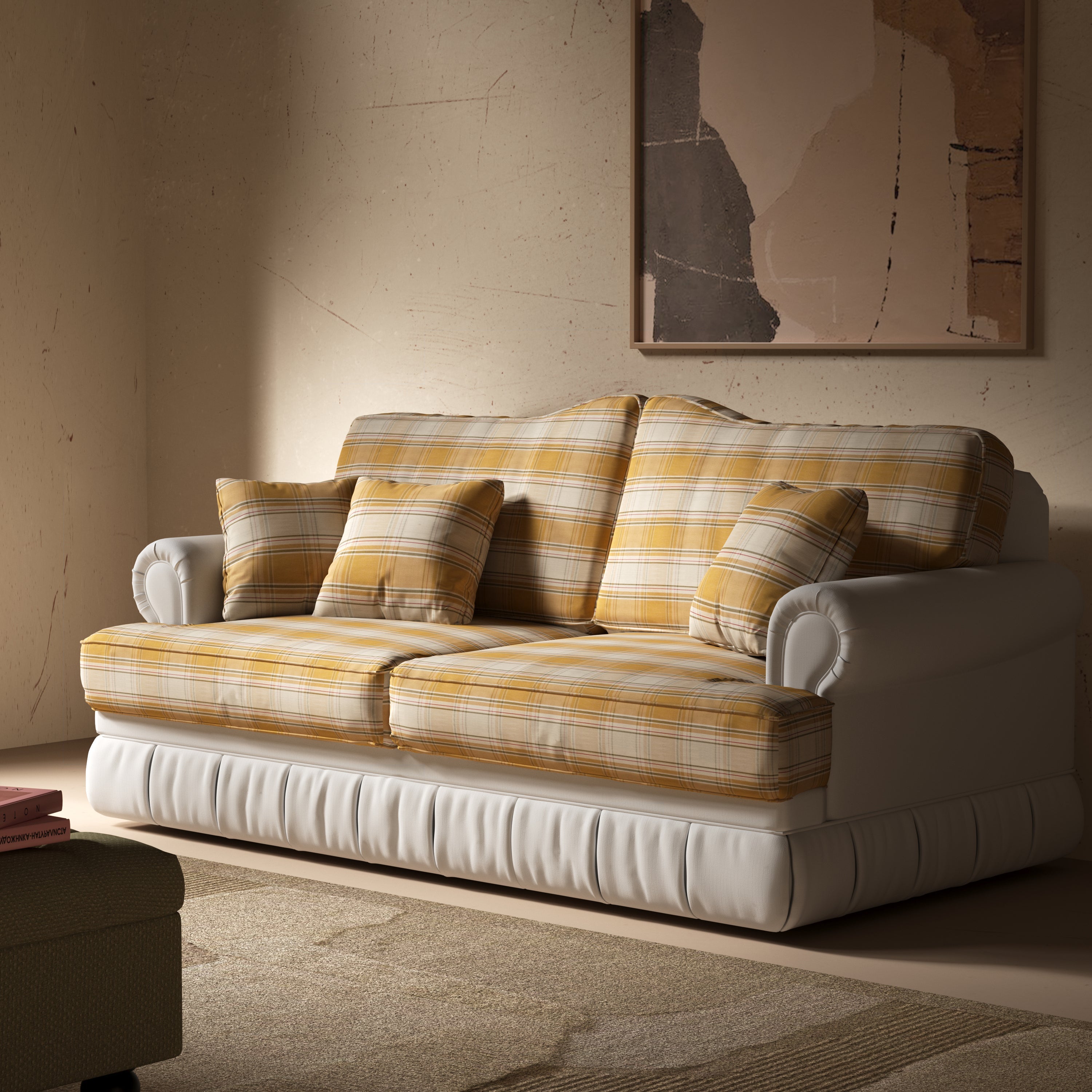 Cottonfy Heritage Plaid Skirted Sofa with Concealed Storage Drawers