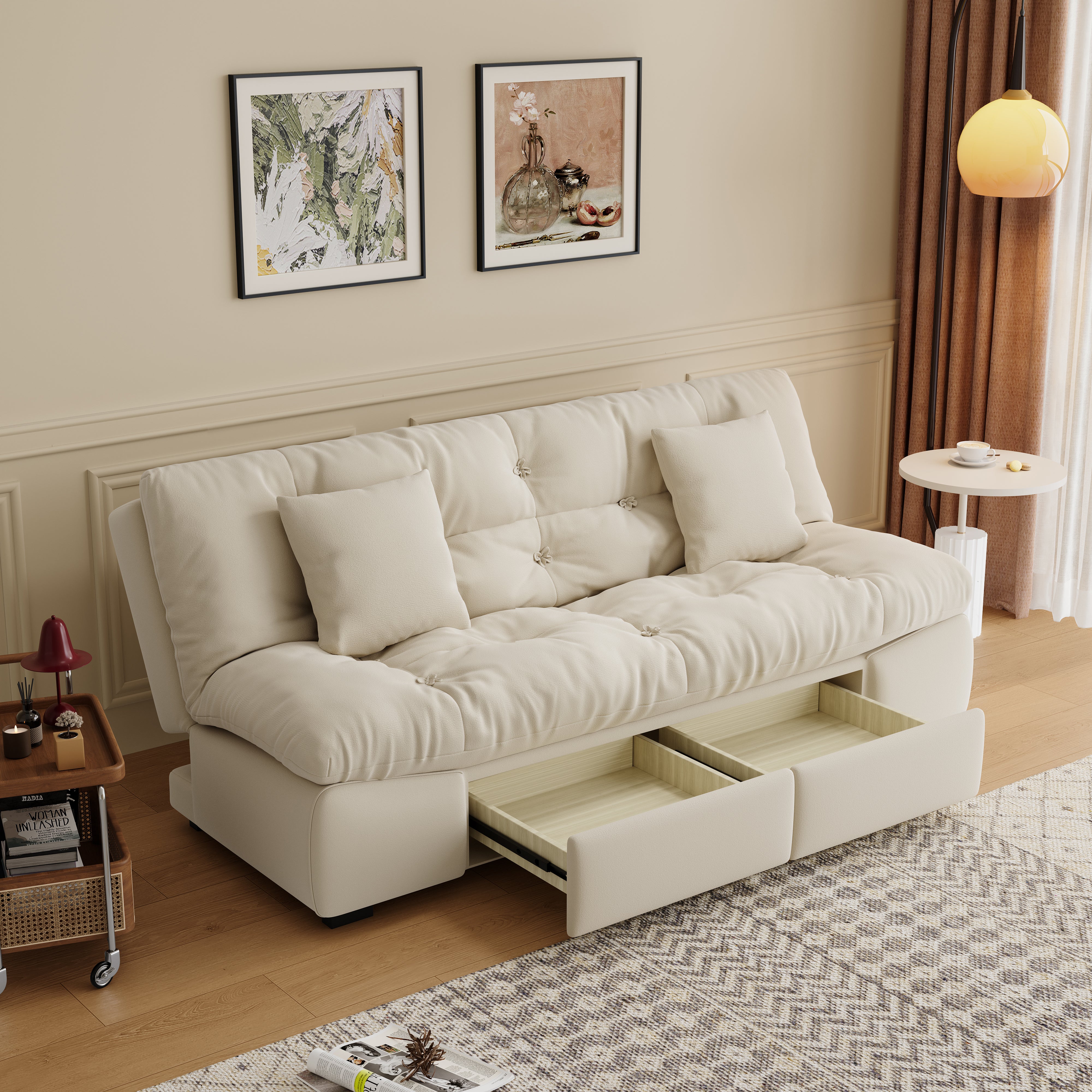 Upgrade Cream Cloud Double Folding Sofa Bed with Storage