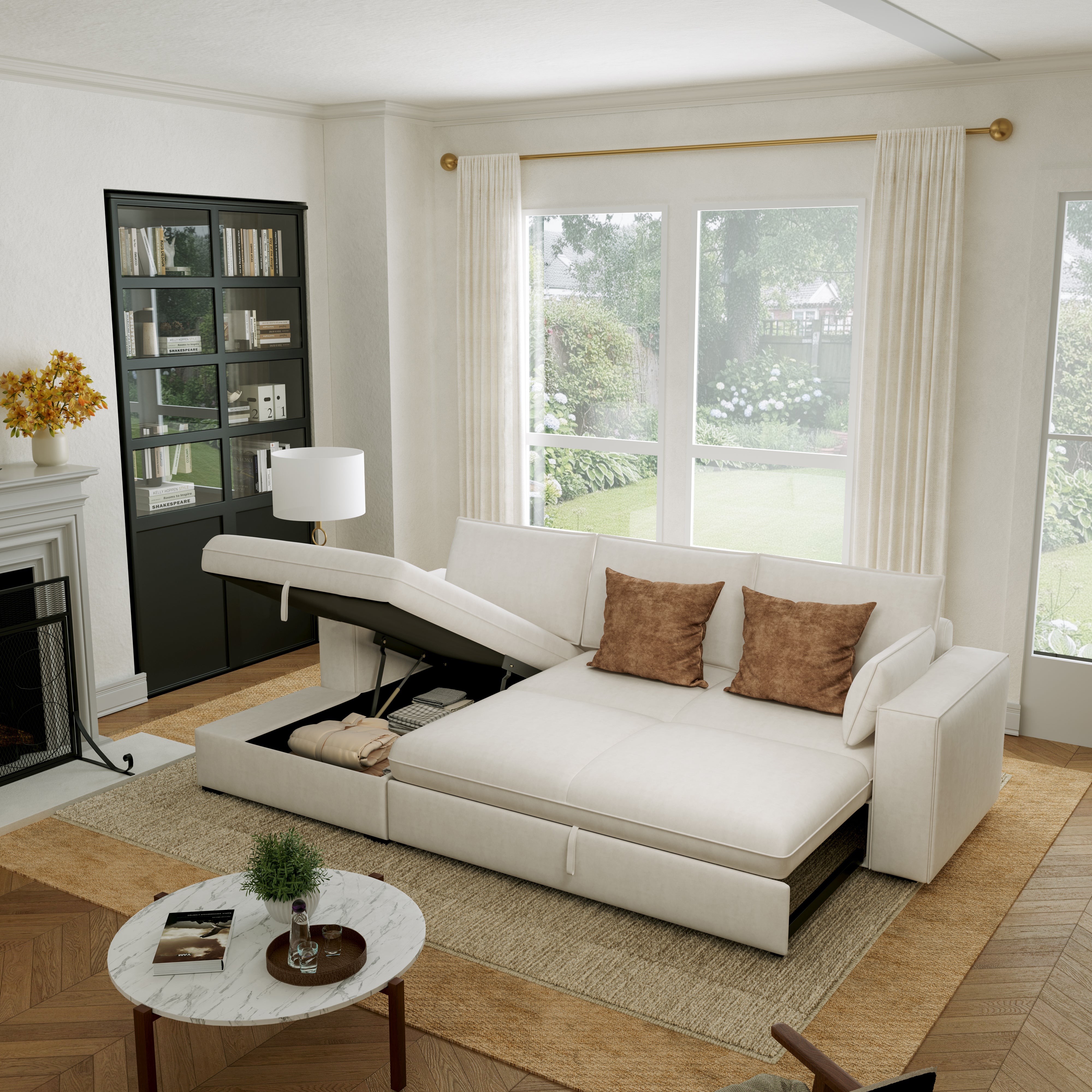 Cottonfy Creamy Tofu Block Pull Out Sofa Bed with Storage Guest Sleeper