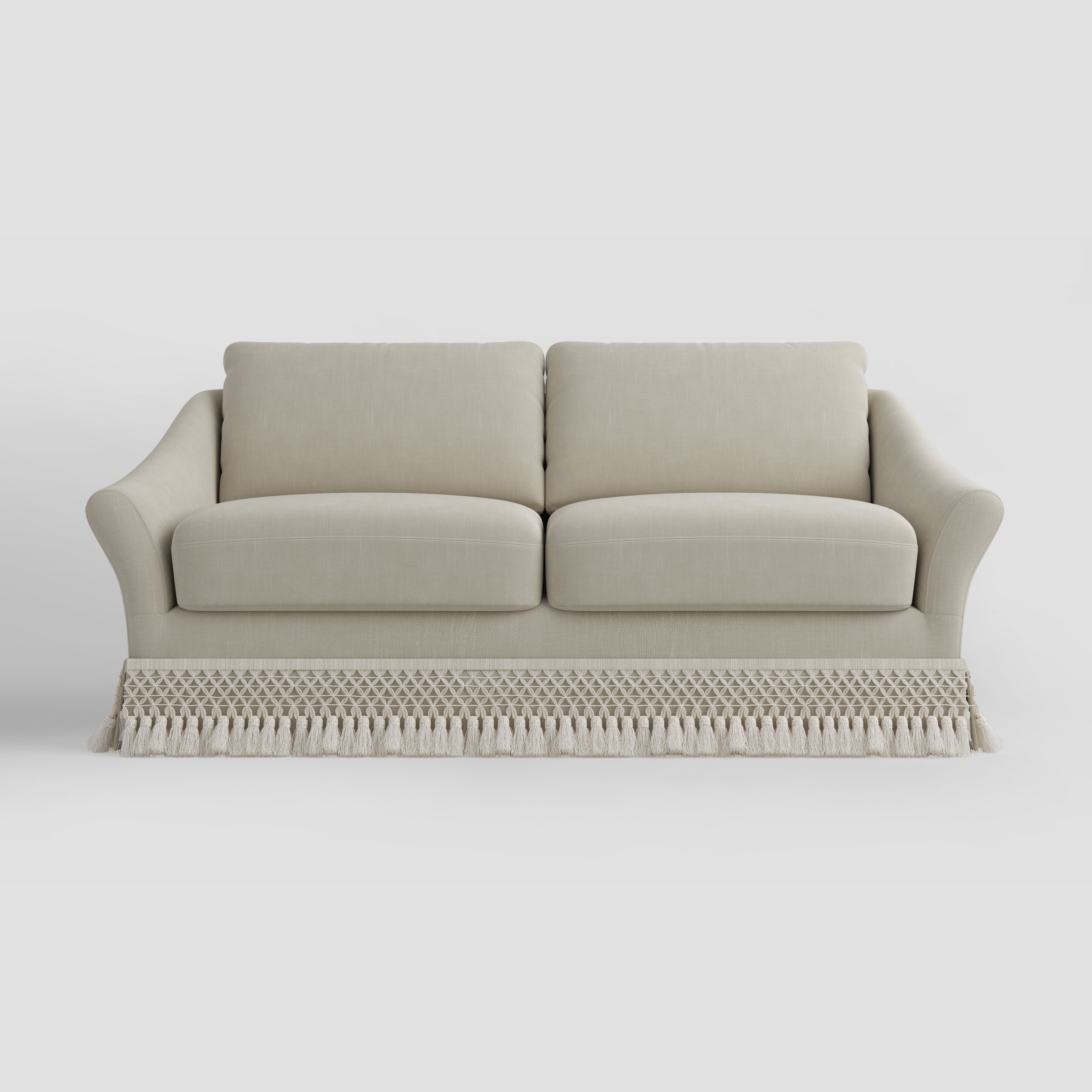 Curved Arm Sofa with Fringed Trim and Removable Cover