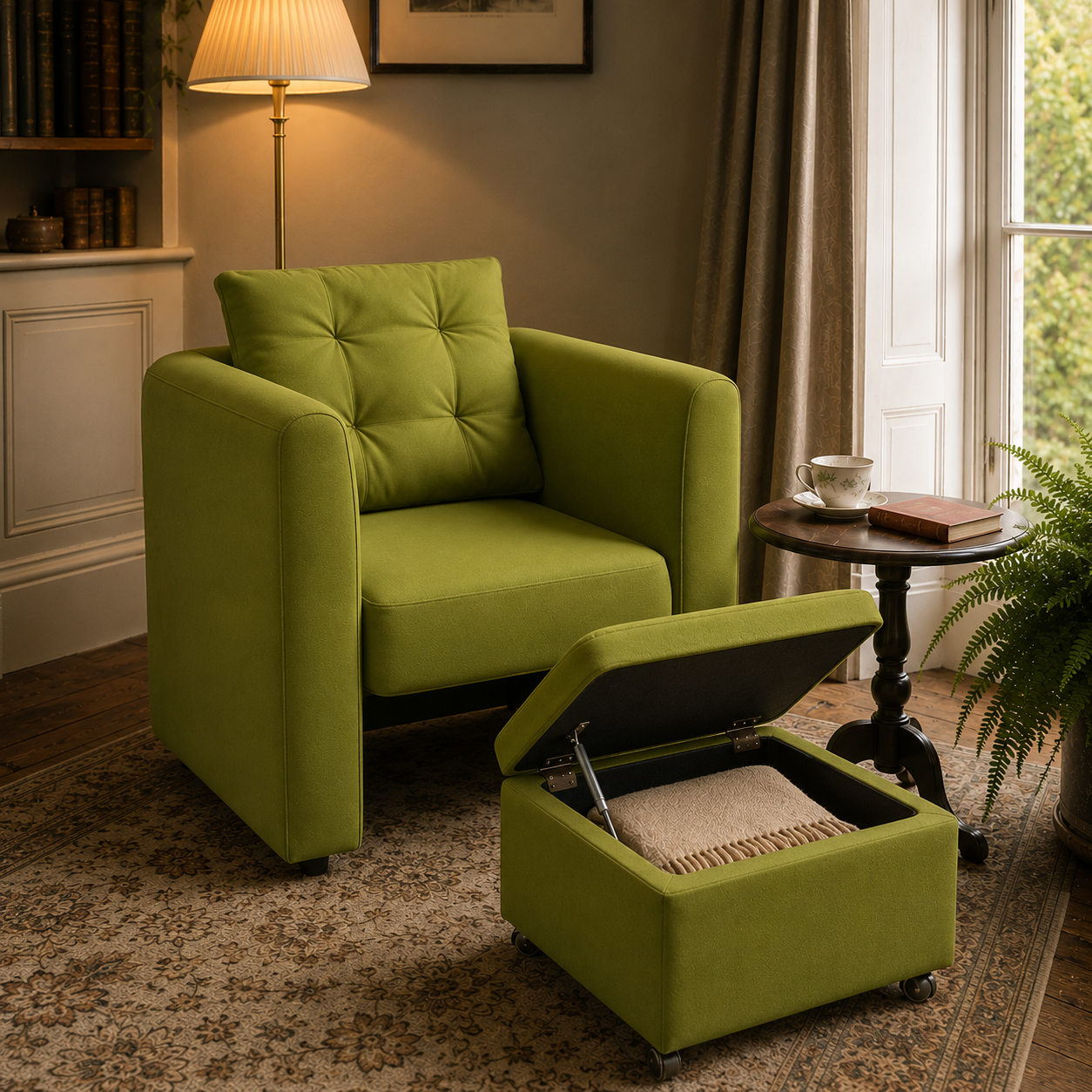 Plush Velvet Snuggler Chair with Hidden Storage Footstool