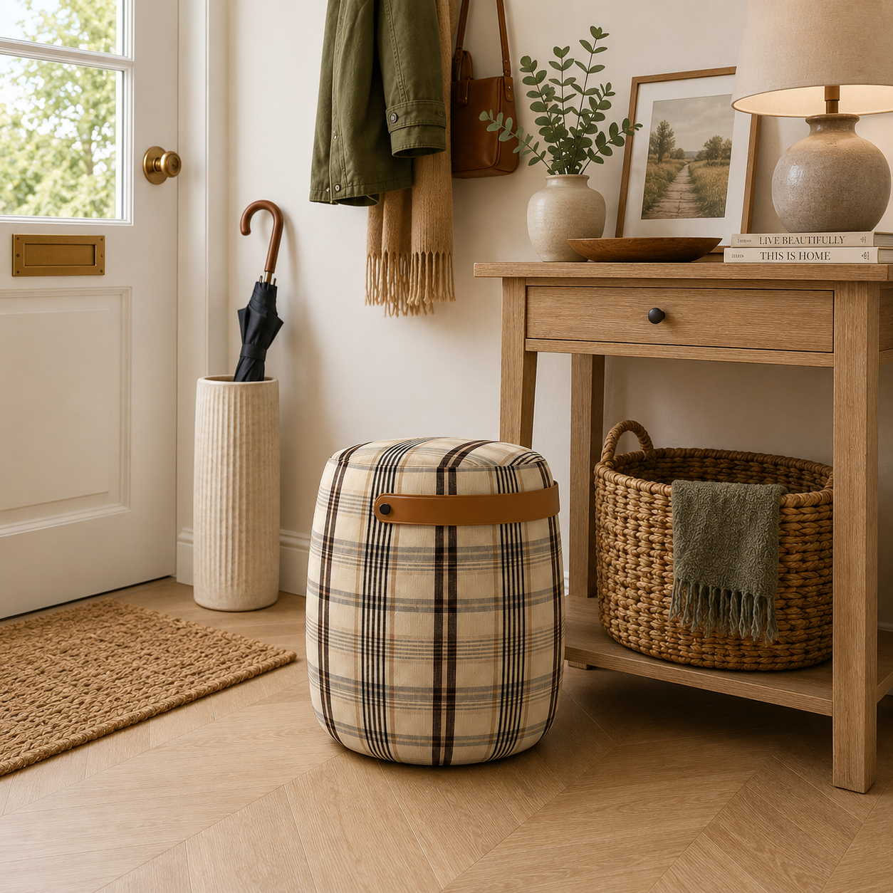 Haven British Check Round Pouffe Footstool with Leather Handle