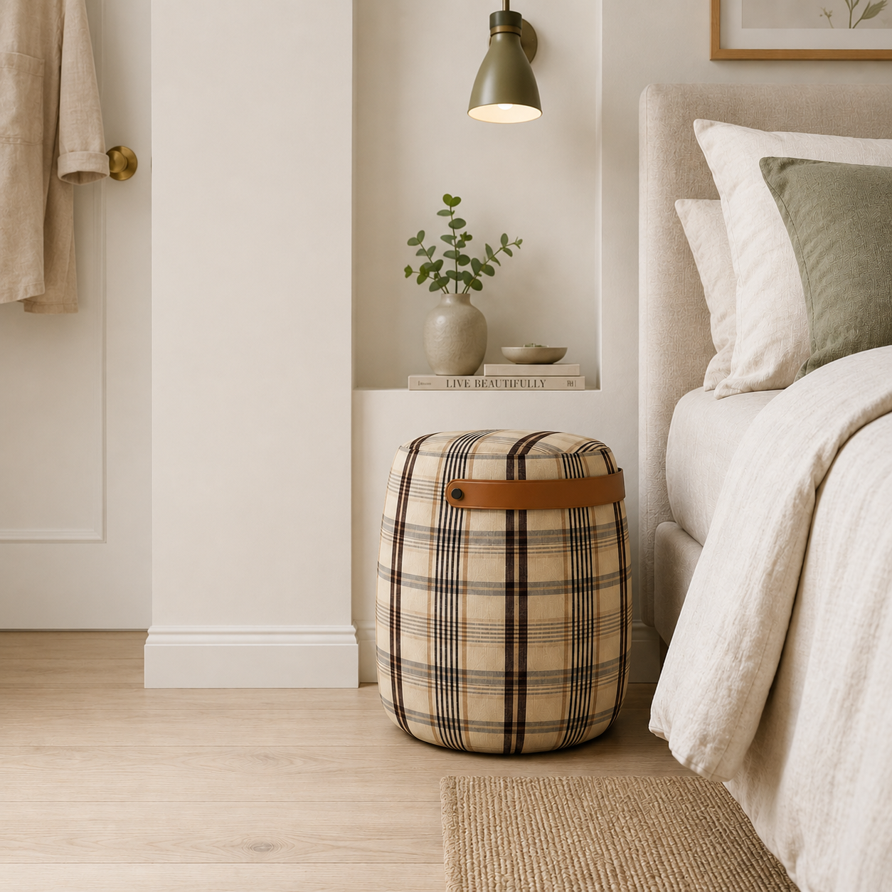 Haven British Check Round Pouffe Footstool with Leather Handle