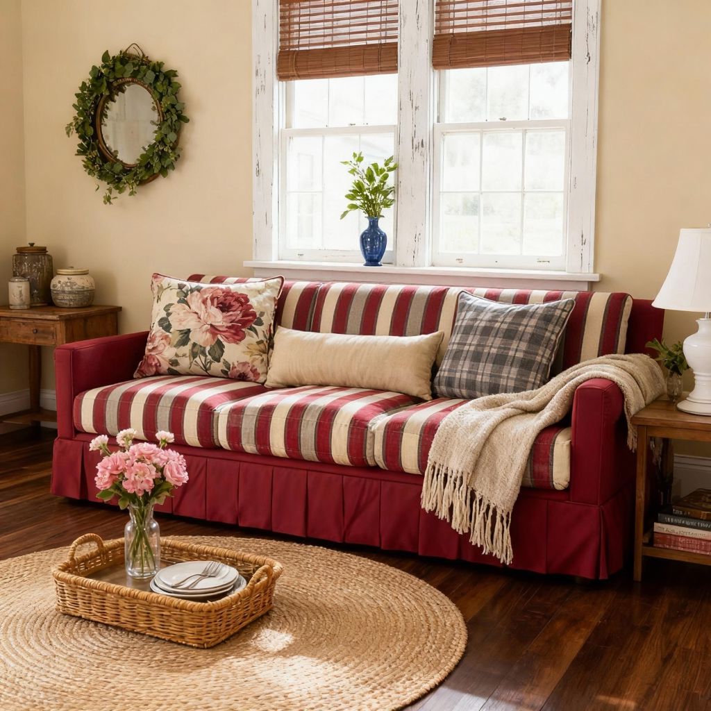 #Colour_Claret Red Stripe
Cottonfy Country Check Sofa with Removable Skirted Covers Living and Home Claret Red Stripe (pre-order)