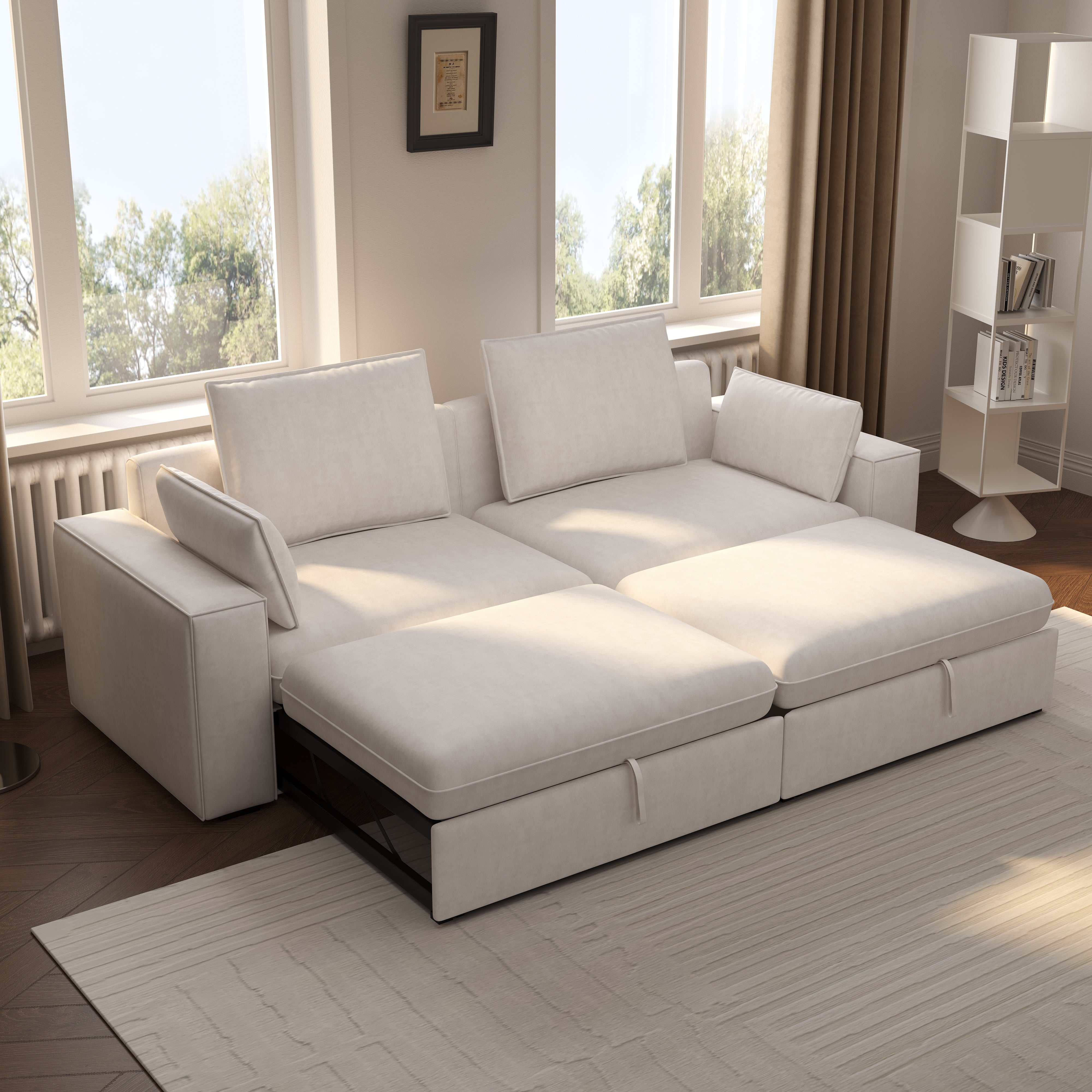 Cottonfy Creamy Tofu Block Pull Out Sofa Bed with Storage Guest Sleeper