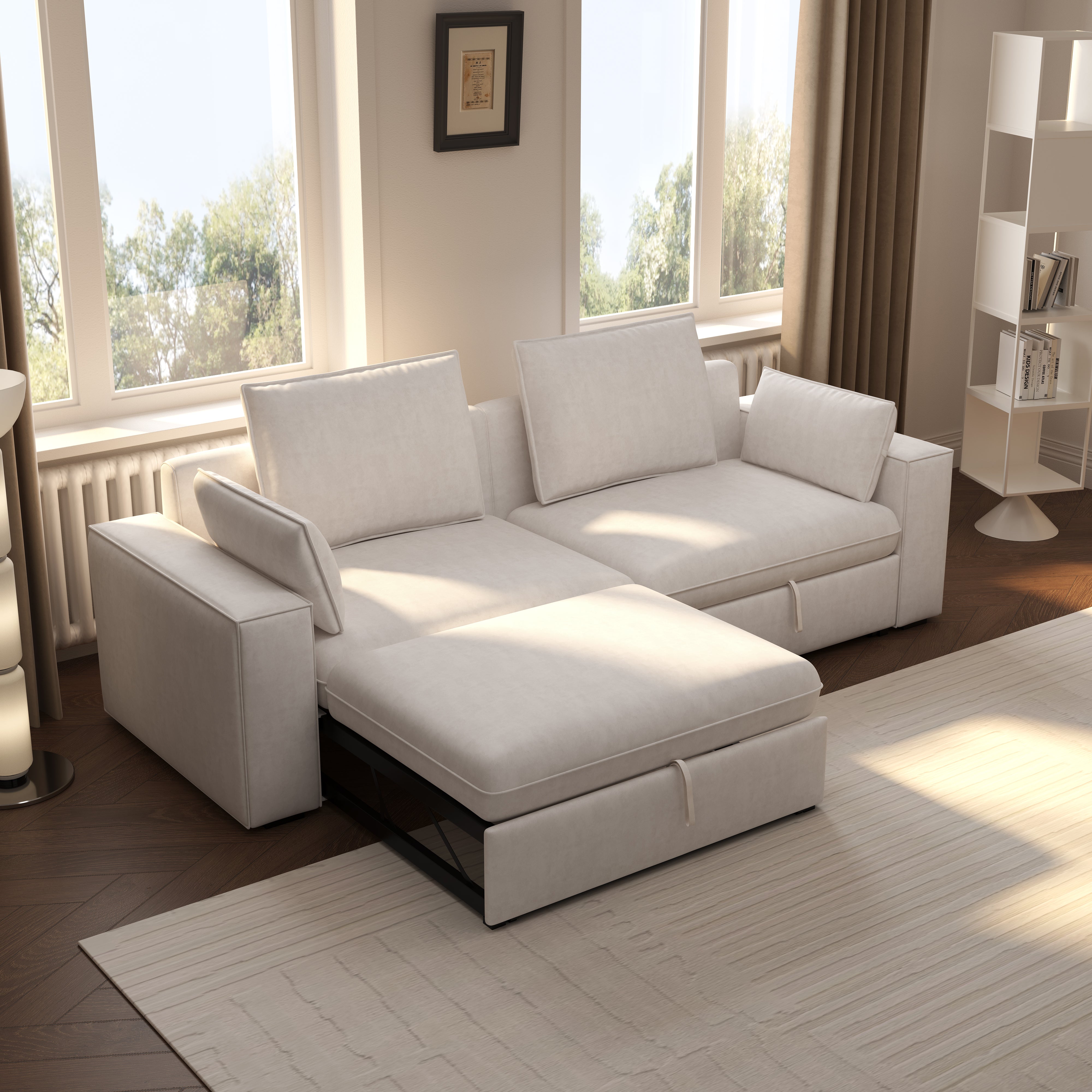 Cottonfy Creamy Tofu Block Pull Out Sofa Bed with Storage Guest Sleeper