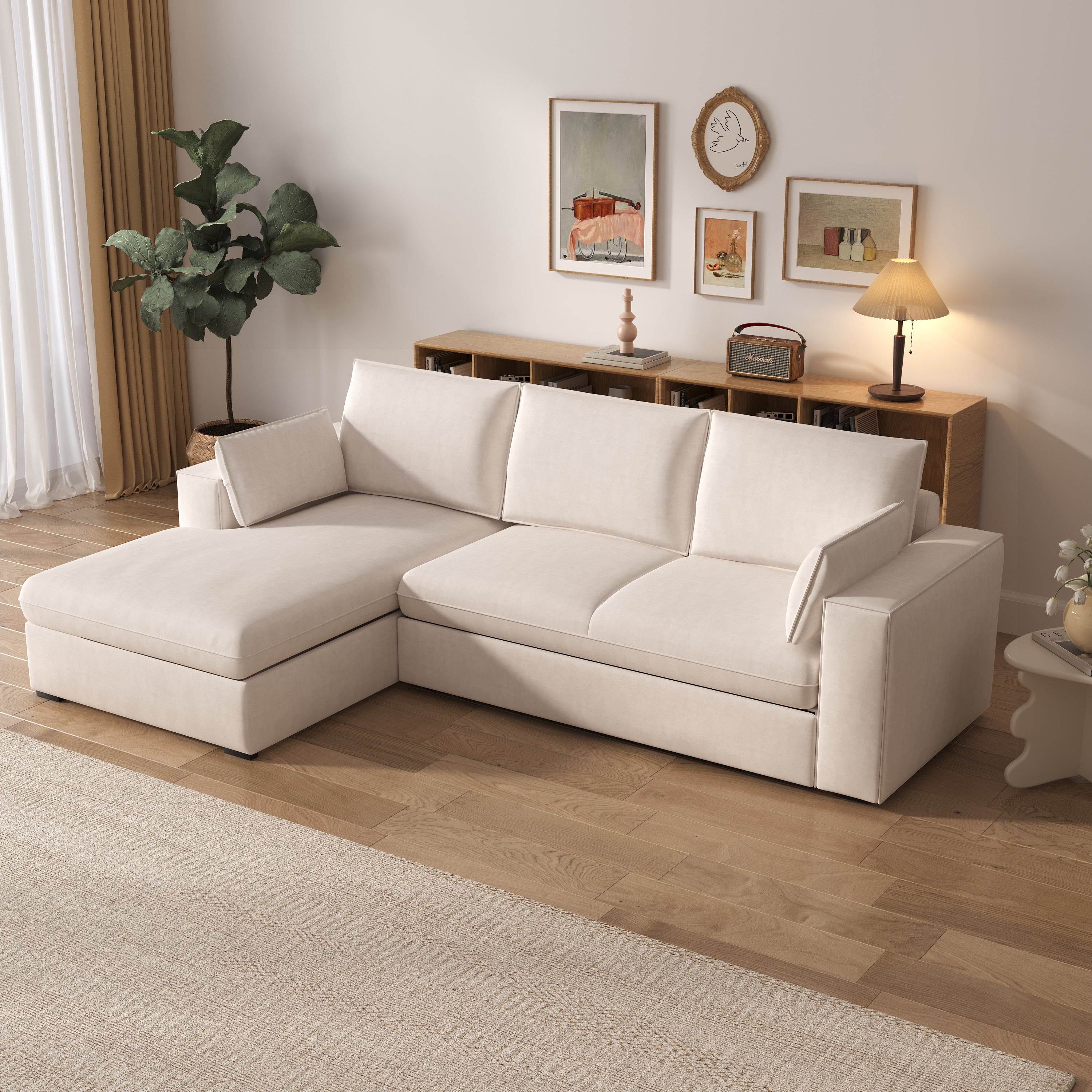 Cottonfy Creamy Tofu Block Pull Out Sofa Bed with Storage Guest Sleeper