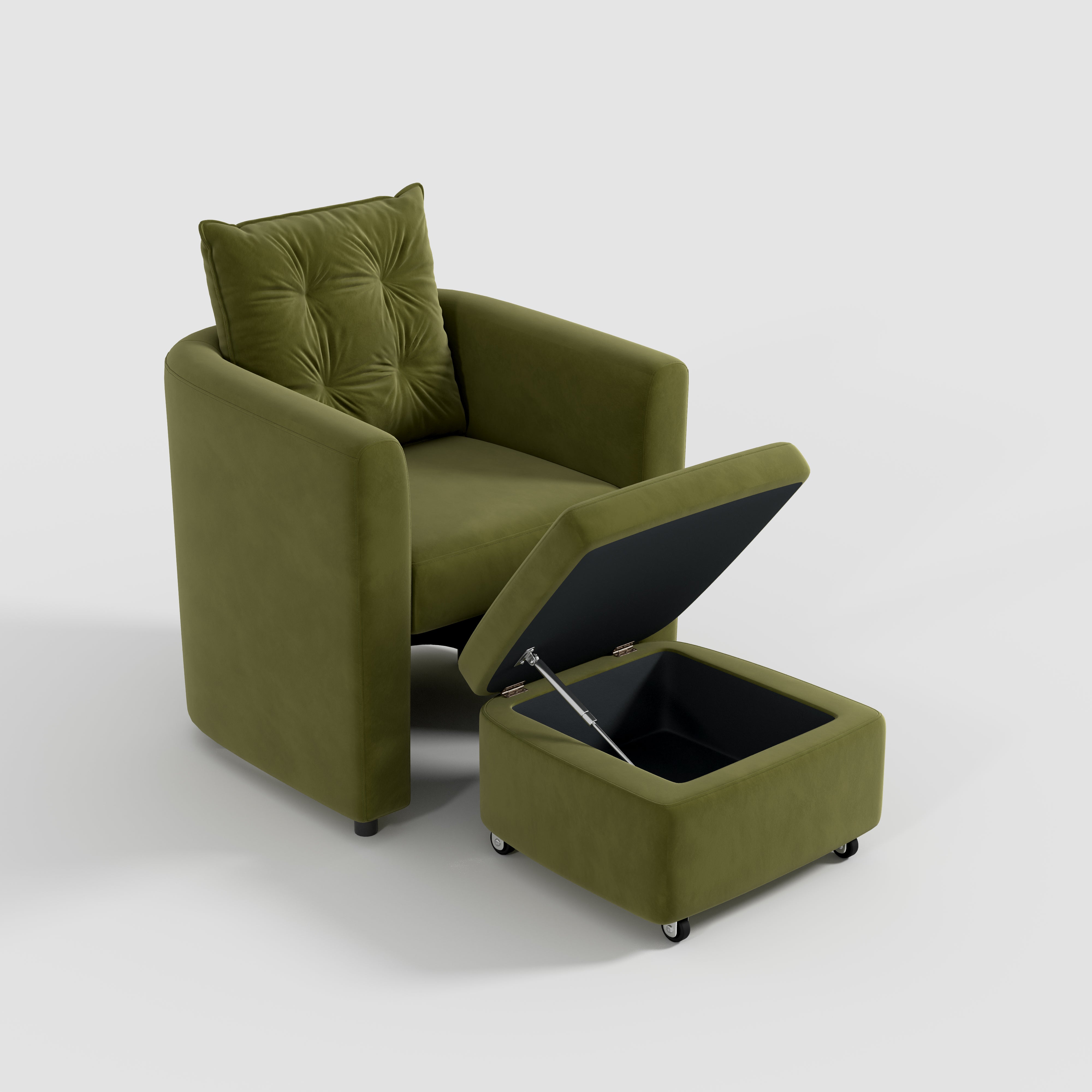 Green Velvet Armchair with Hidden Storage Footstool 1 Unit Green Velvet In Stock