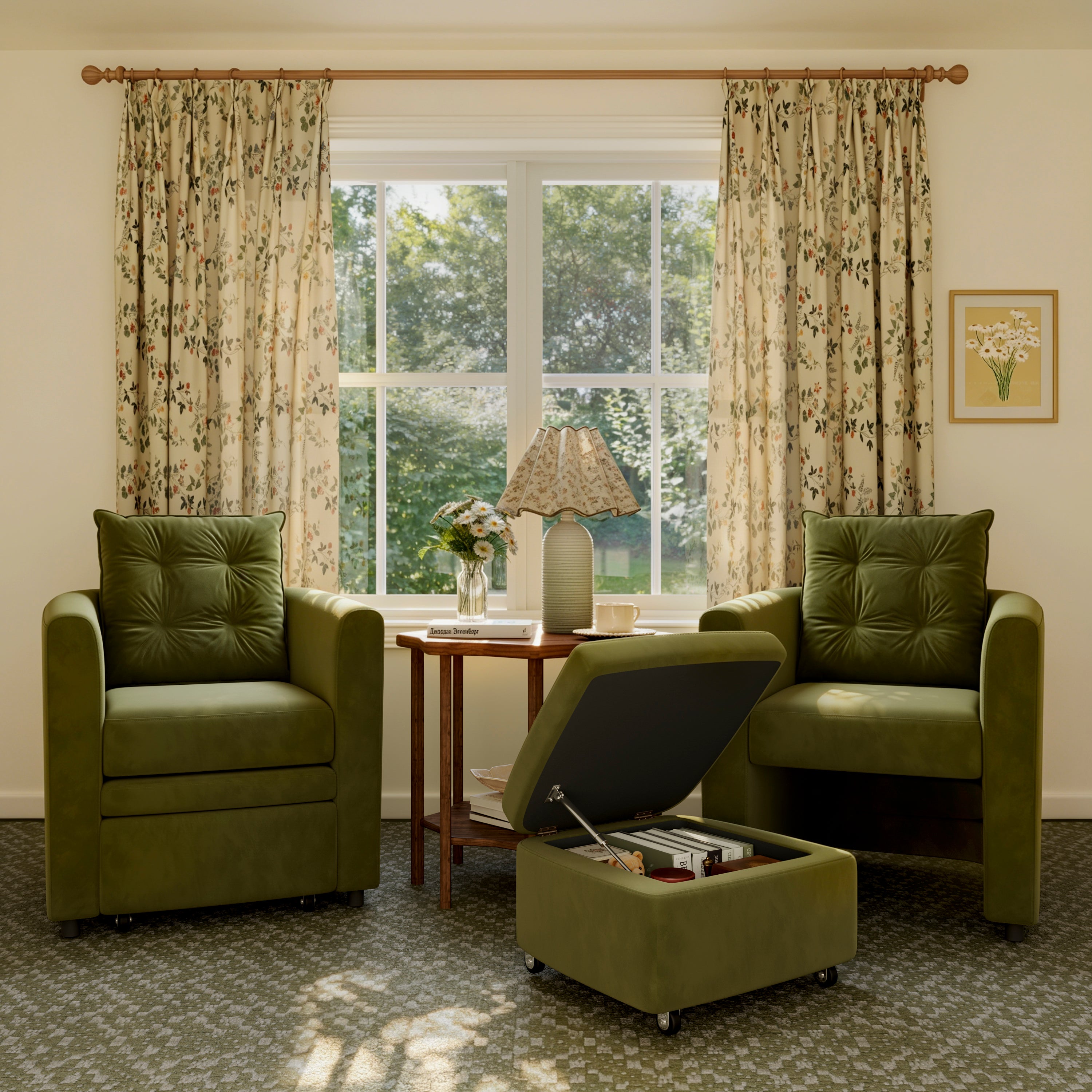 Green Velvet Armchair with Hidden Storage Footstool 2 Unit Green Velvet In Stock