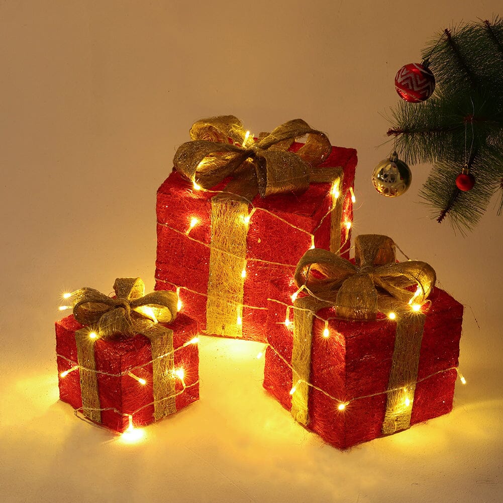 Pre-Lit Golden Christmas Gift Box Set with Warm Lights Christmas Living and Home