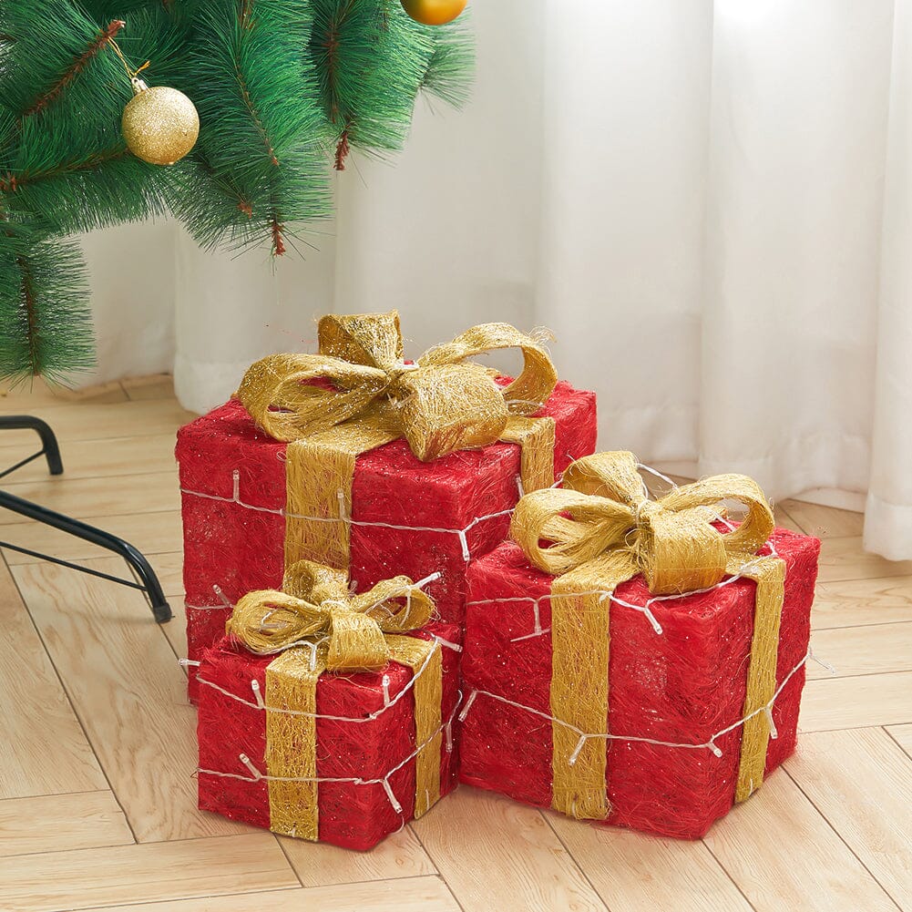 Pre-Lit Golden Christmas Gift Box Set with Warm Lights Christmas Living and Home