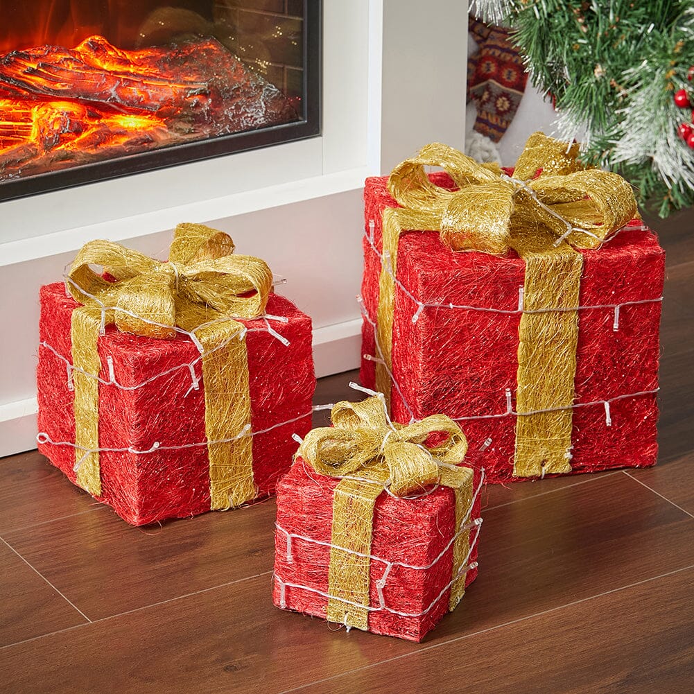 Pre-Lit Golden Christmas Gift Box Set with Warm Lights Christmas Living and Home