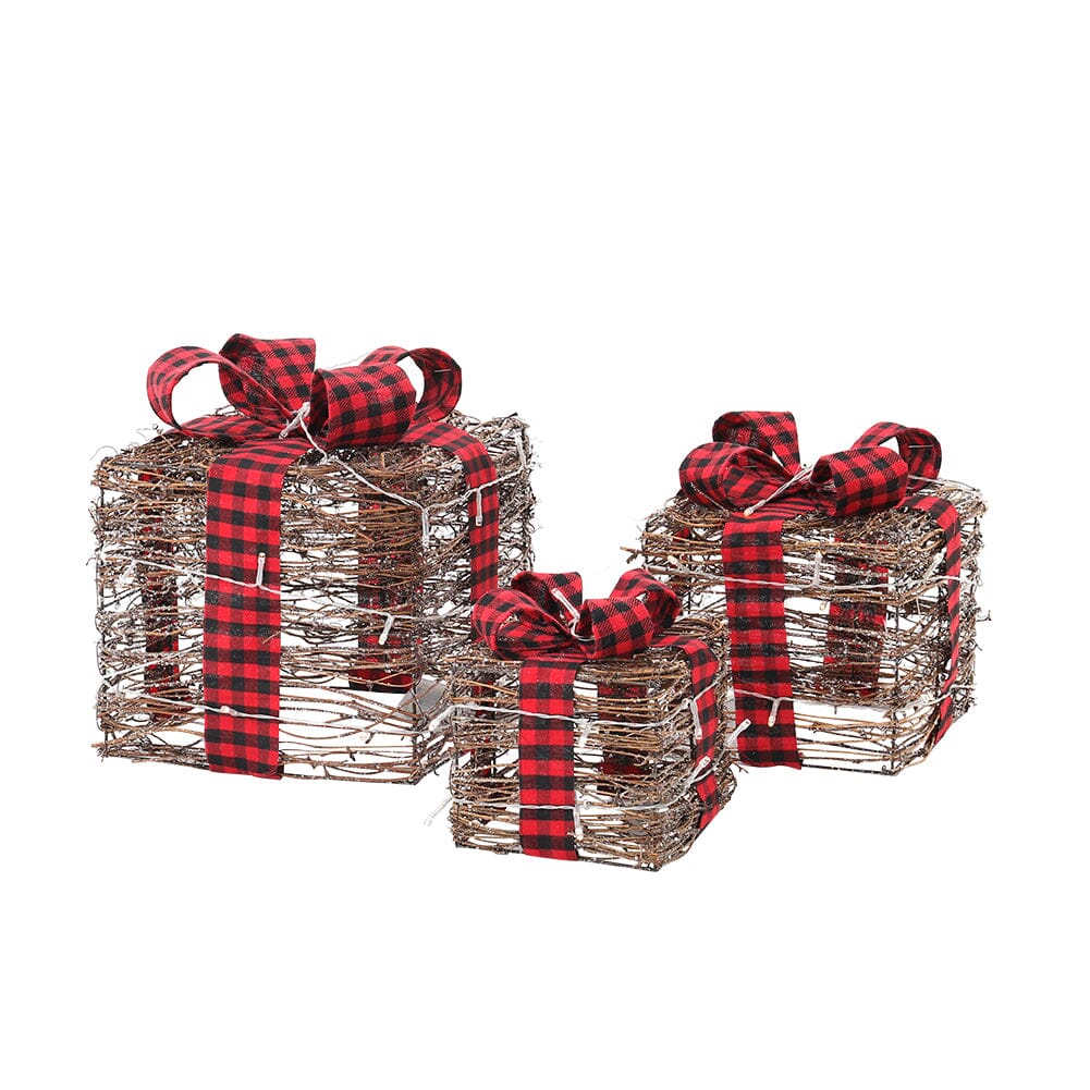 Pre-Lit Woven Christmas Gift Box Set with Checked Bows Christmas Living and Home