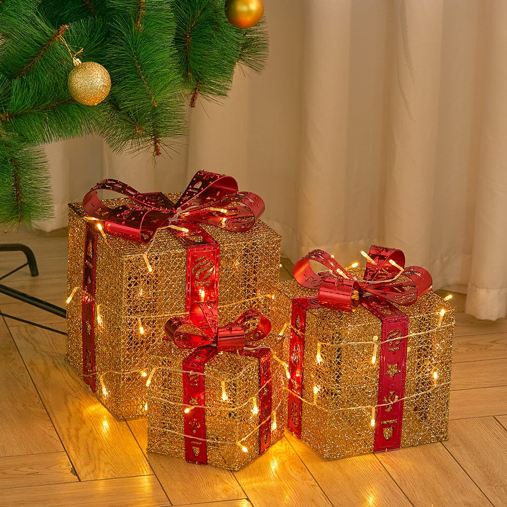 3pcs Christmas Gift Box Accessories Set with Light Strips-Golden Box Living and Home
