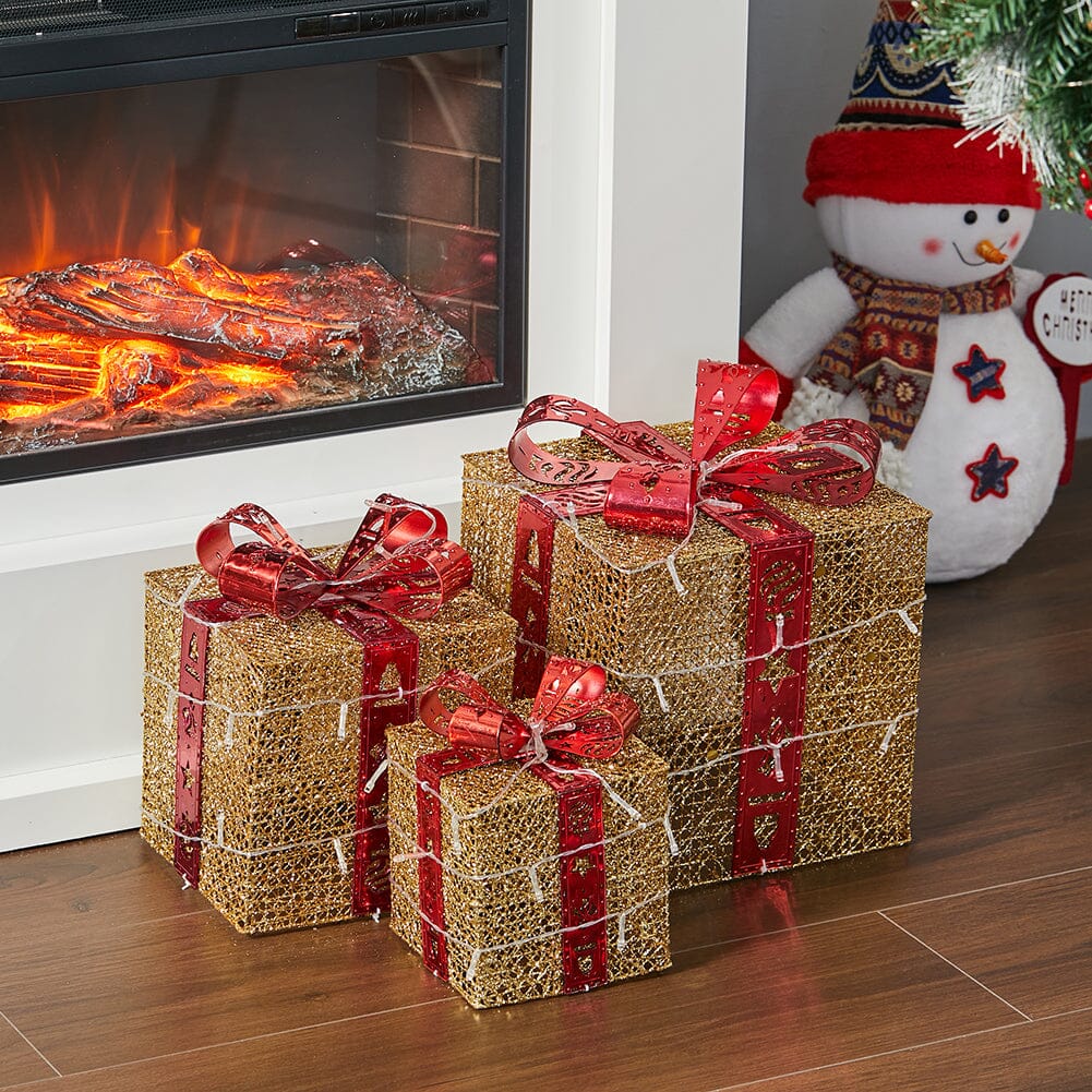 3pcs Christmas Gift Box Accessories Set with Light Strips-Golden Box Living and Home