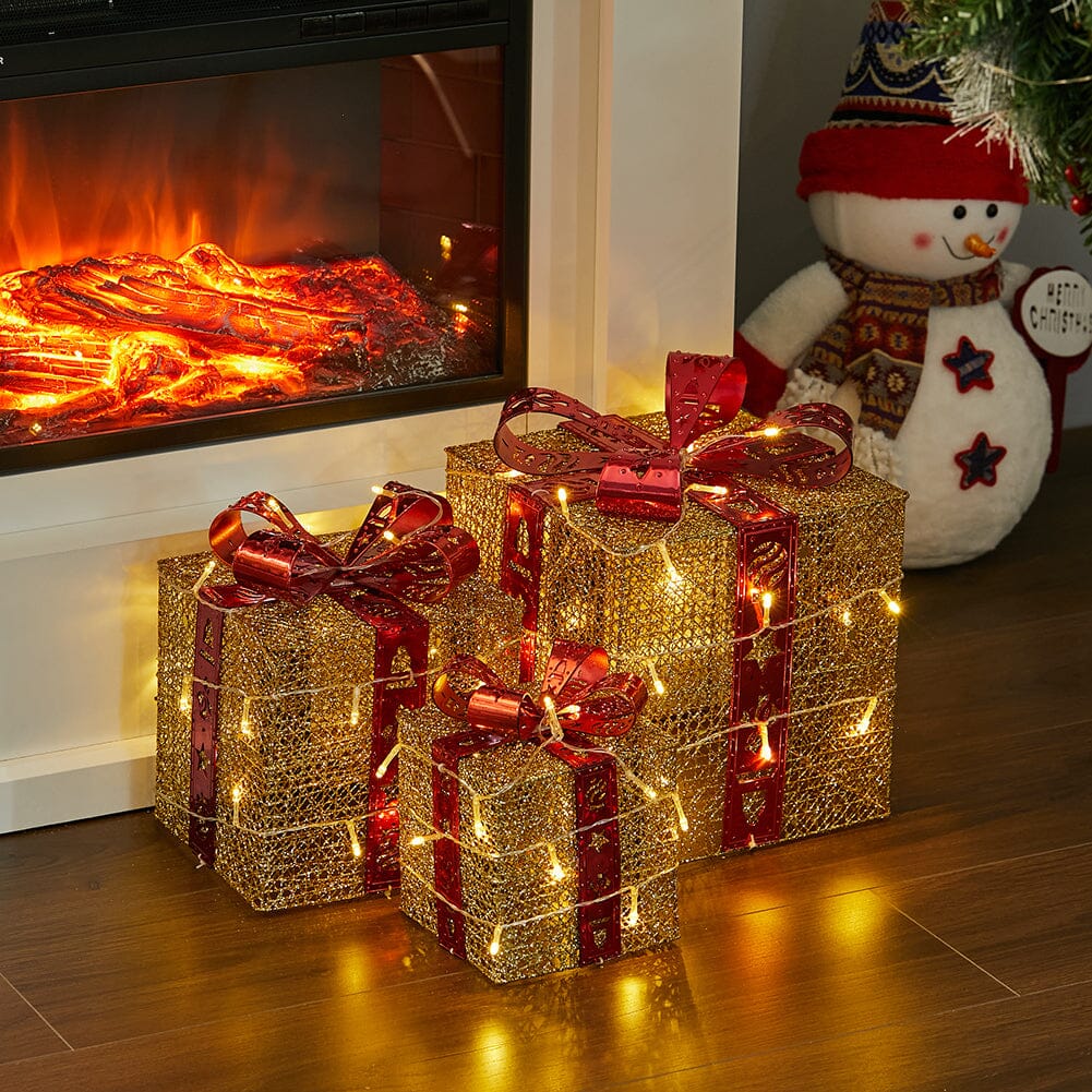 3pcs Christmas Gift Box Accessories Set with Light Strips-Golden Box Living and Home