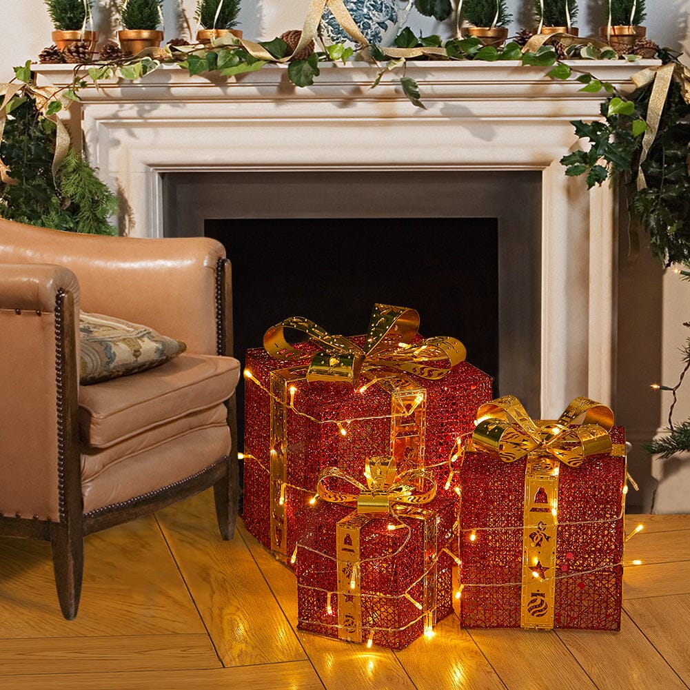 3pcs Christmas Gift Box Accessories Set with Light Strips-Red Box Living and Home