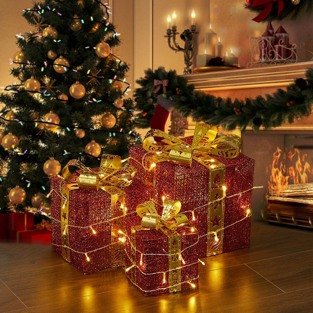 3pcs Christmas Gift Box Accessories Set with Light Strips-Red Box Living and Home
