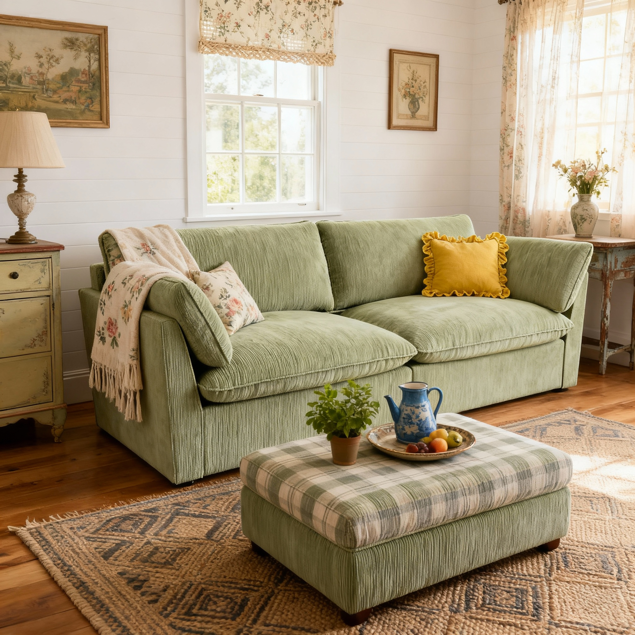 British Retro Check & Striped Sofa with Removable Covers