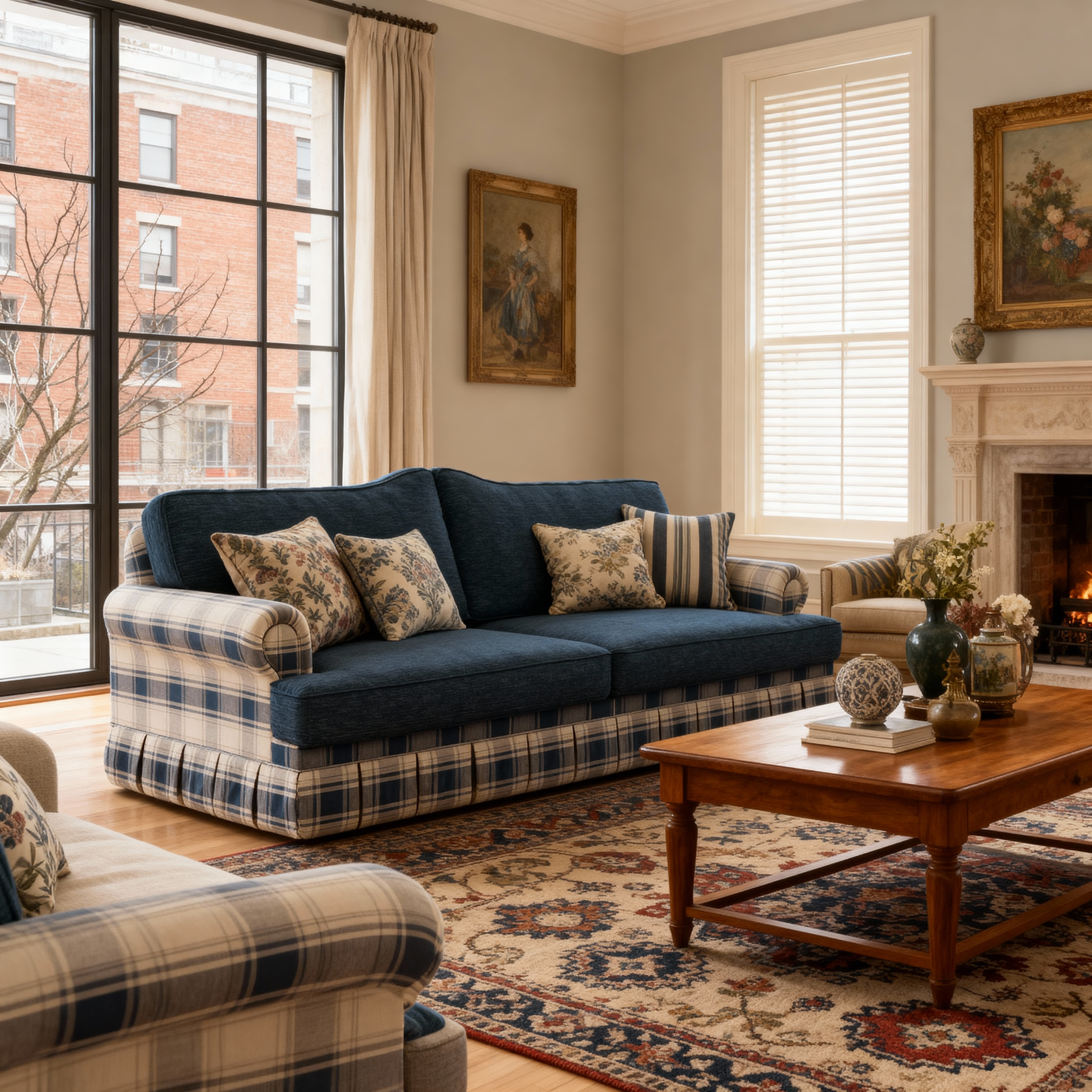 Cottonfy Heritage Plaid Skirted Sofa with Concealed Storage Drawers