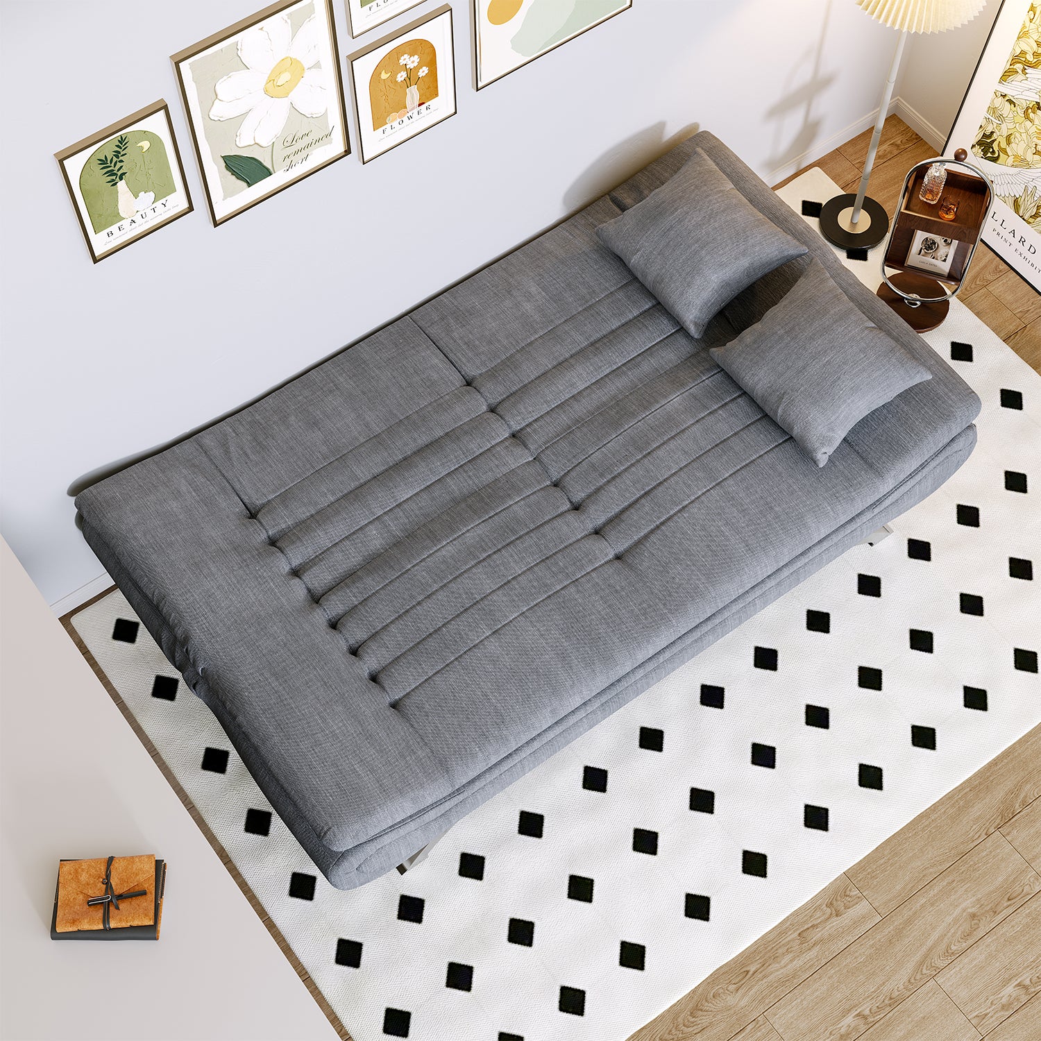 Modern 2-Seater Linen Fabric Sofa Bed with Cushions and 2 Pillows