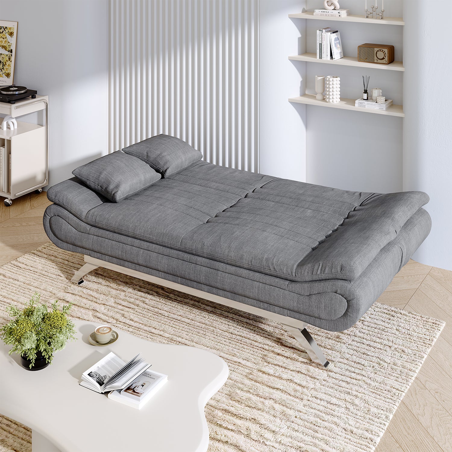 Modern 2-Seater Linen Fabric Sofa Bed with Cushions and 2 Pillows