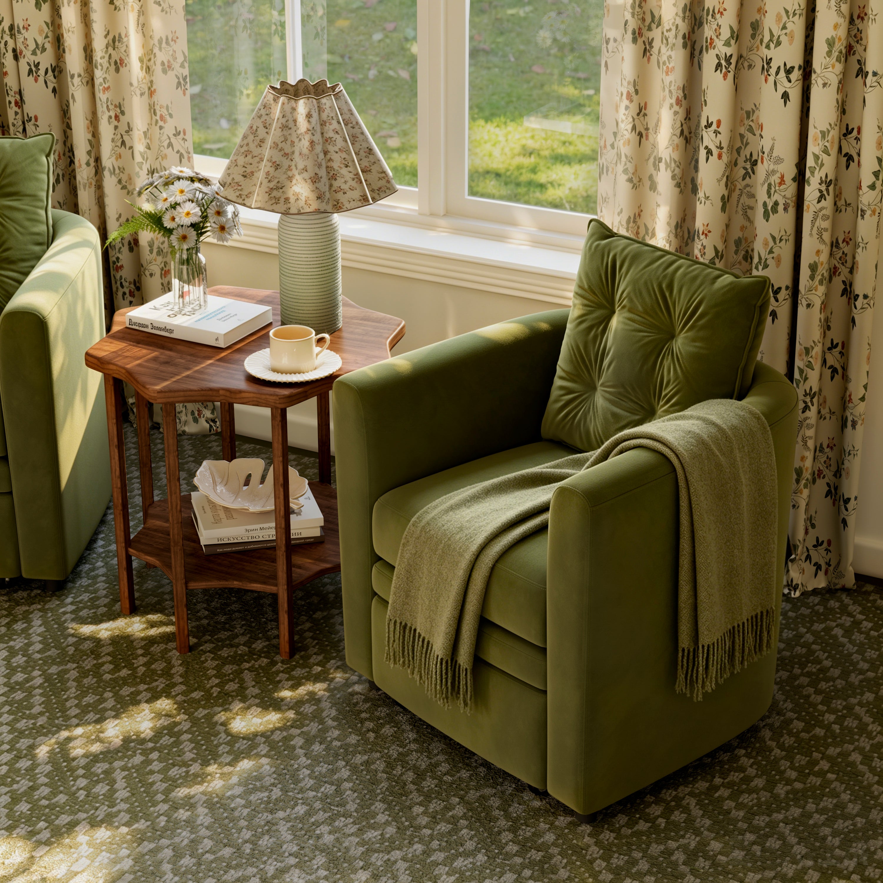 Green Velvet Snuggler Chair with Hidden Storage Footstool