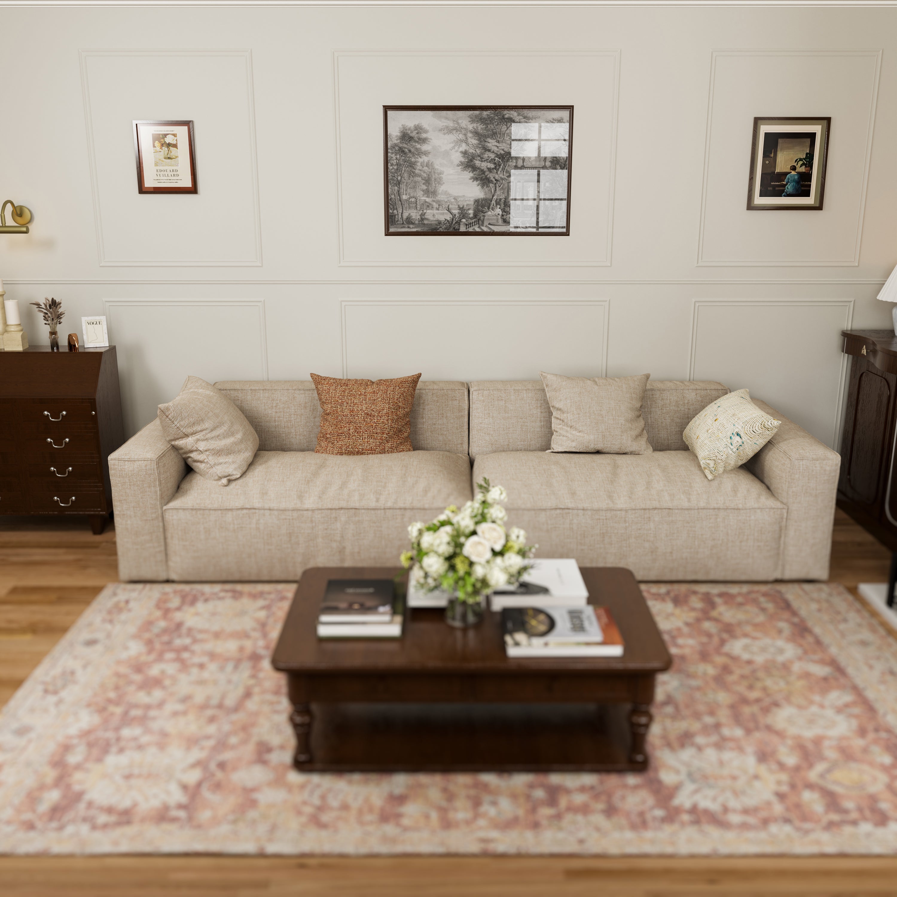 Elegant Tofu Block Linen Modular Cloud Sofa Down Filled Sectional