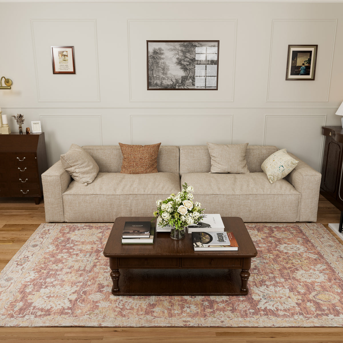 Elegant Tofu Block Linen Modular Cloud Sofa Down Filled Sectional