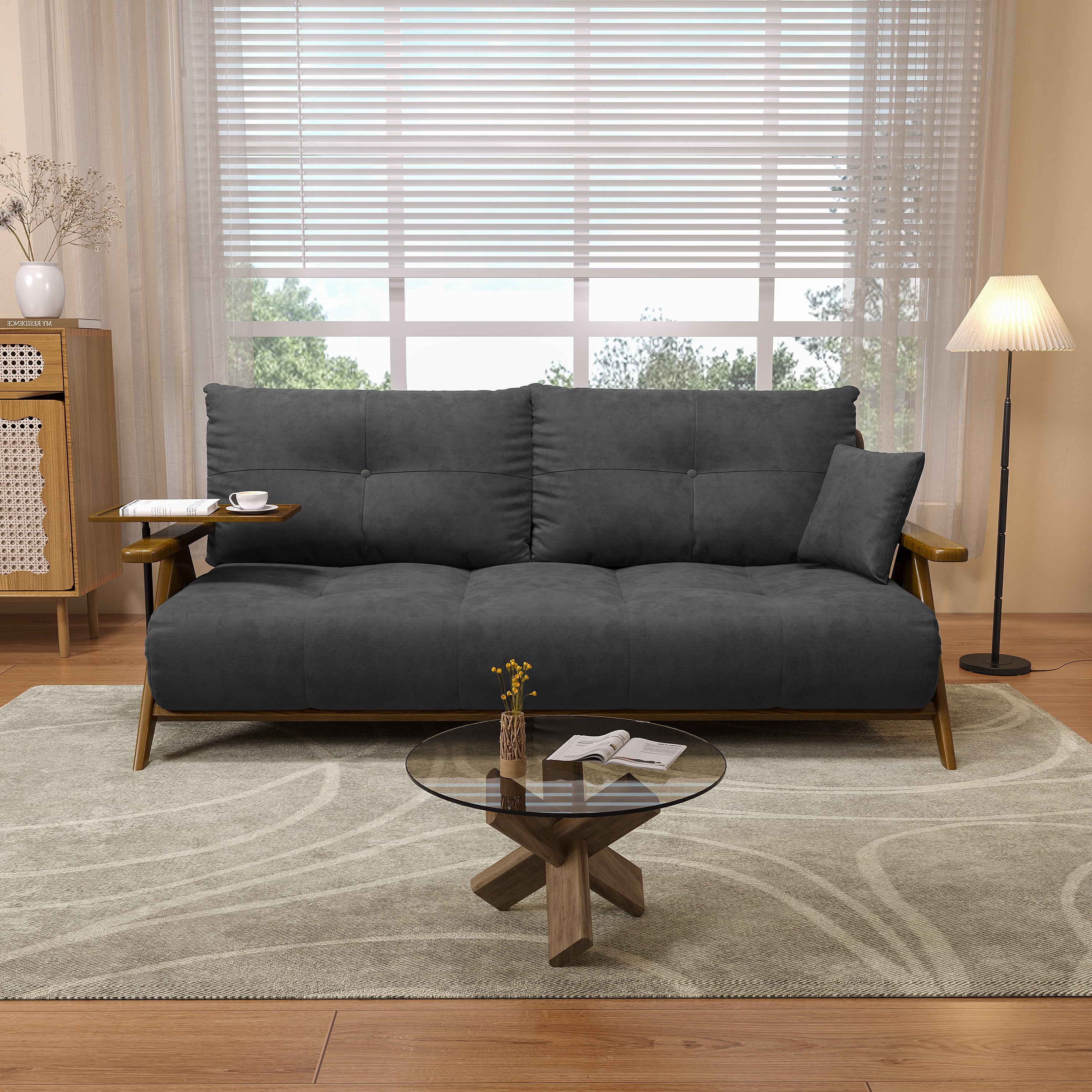 Foldable Matte Fabric Solid Wood 3 Mode Sofa Bed