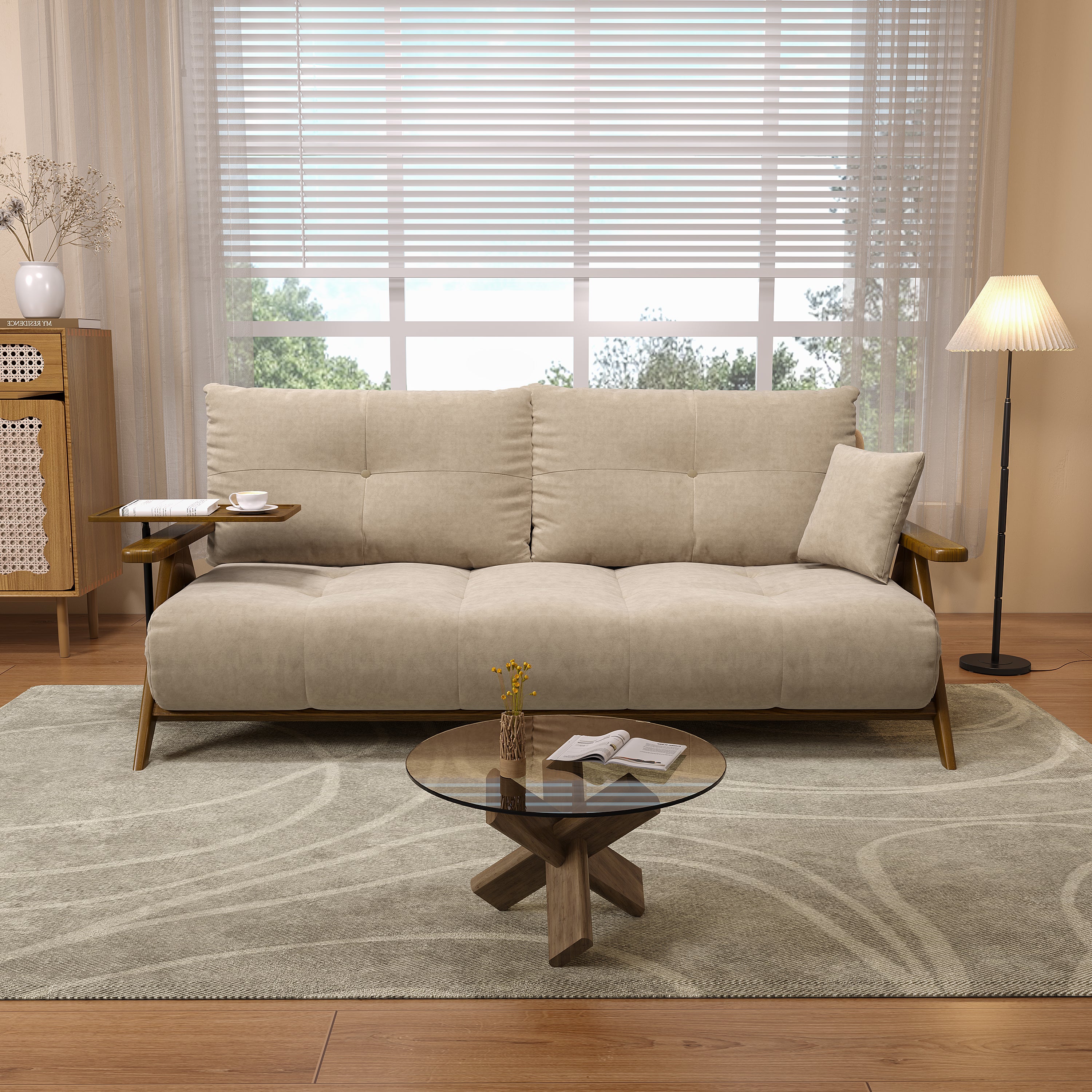 Foldable Matte Fabric Solid Wood 3 Mode Sofa Bed