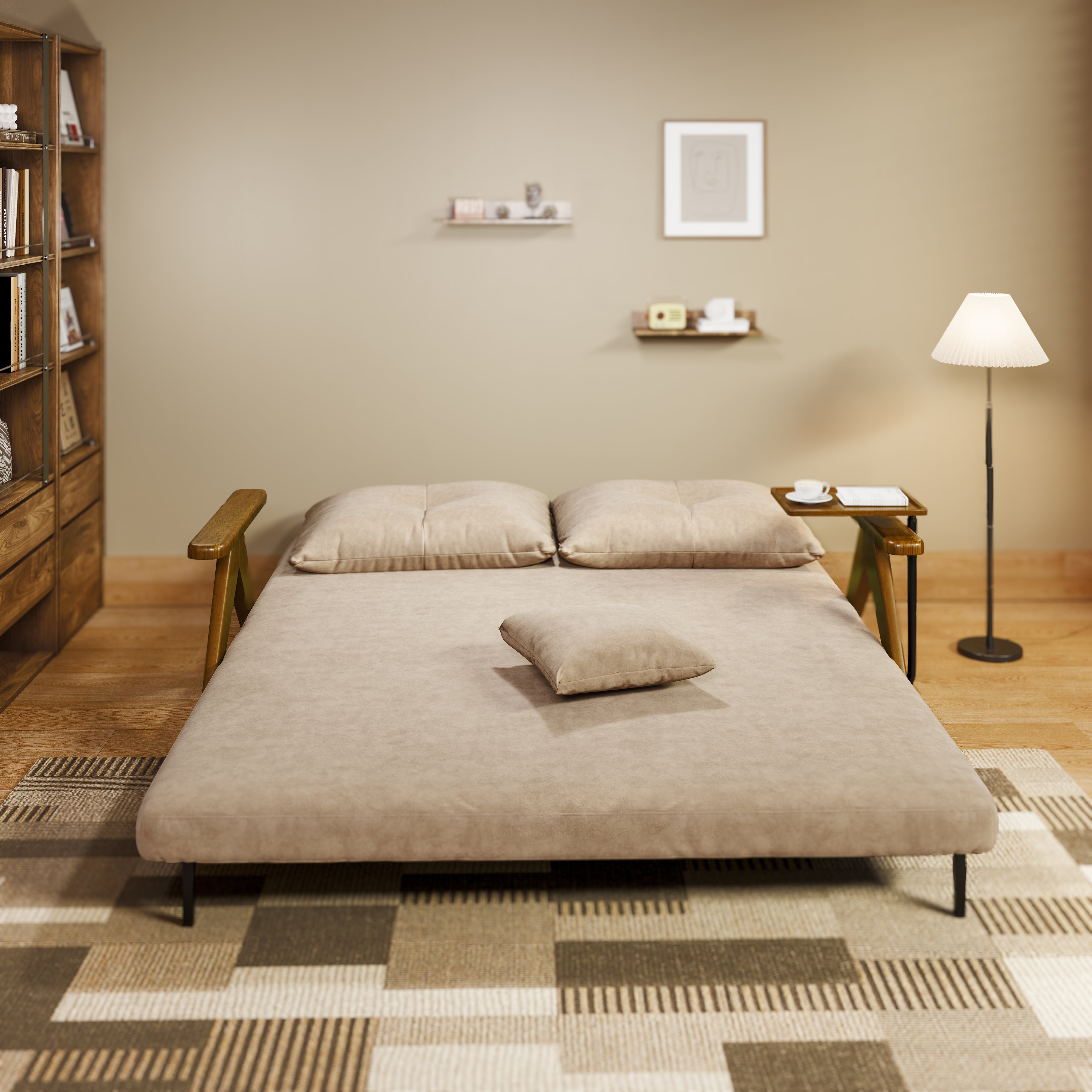 Foldable Matte Fabric Solid Wood 3 Mode Sofa Bed