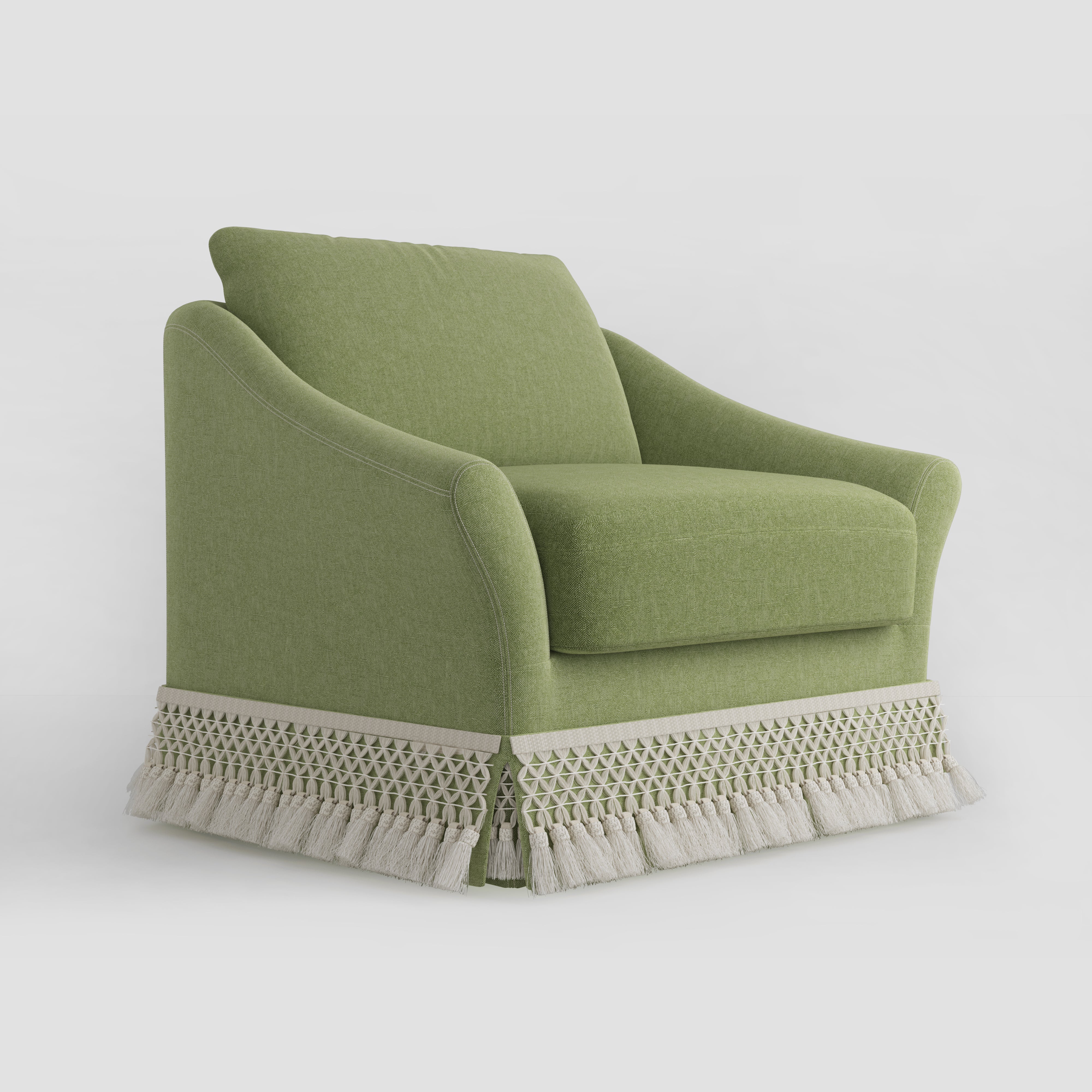 Curved Arm Sofa with Fringed Trim and Removable Cover