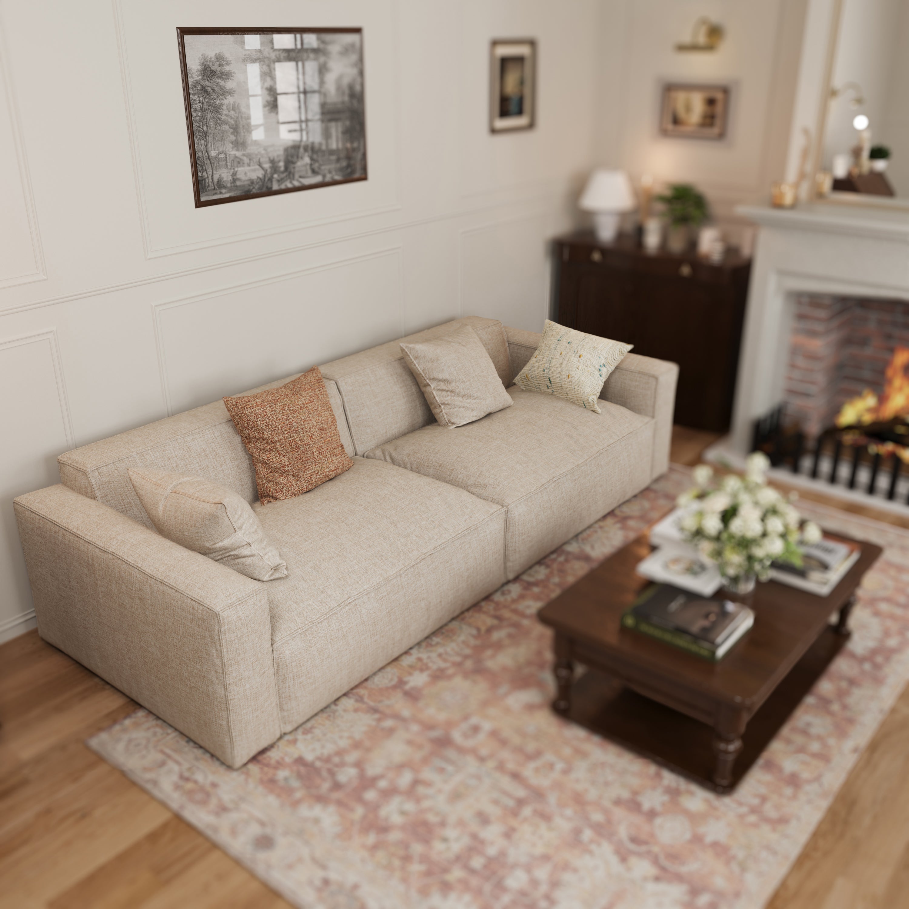 Elegant Tofu Block Linen Modular Cloud Sofa Down Filled Sectional