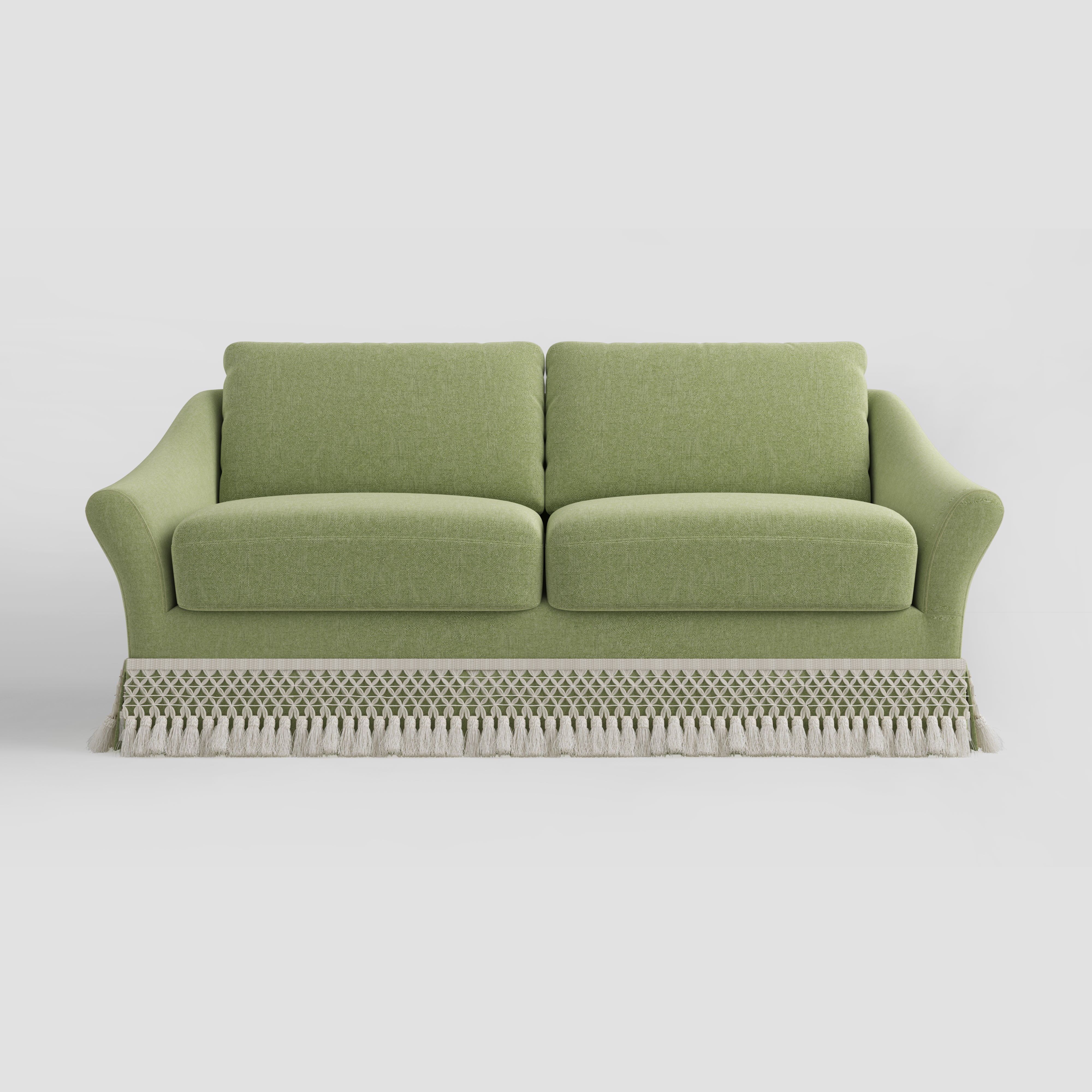 Curved Arm Sofa with Fringed Trim and Removable Cover