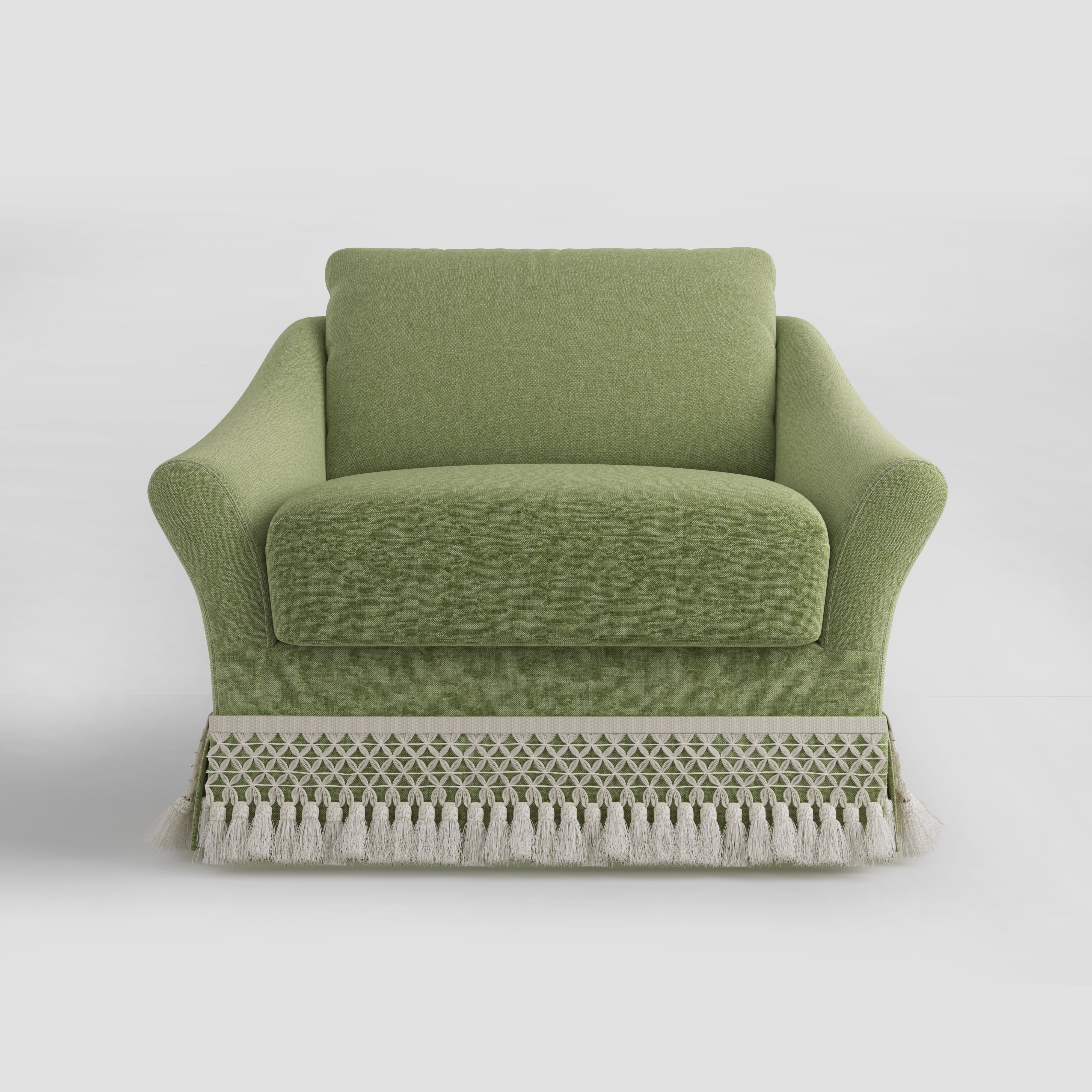 Curved Arm Sofa with Fringed Trim and Removable Cover