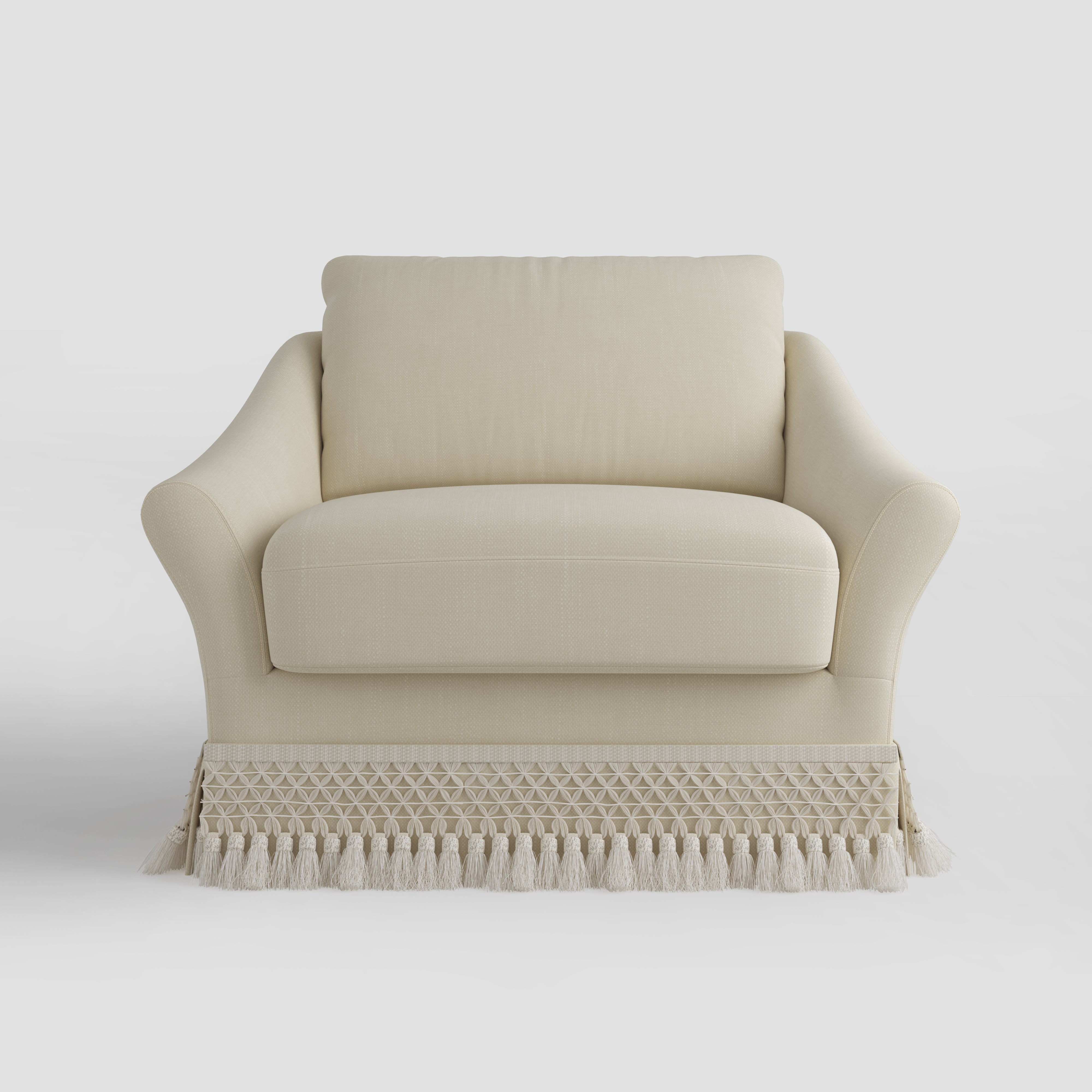Curved Arm Sofa with Fringed Trim and Removable Cover